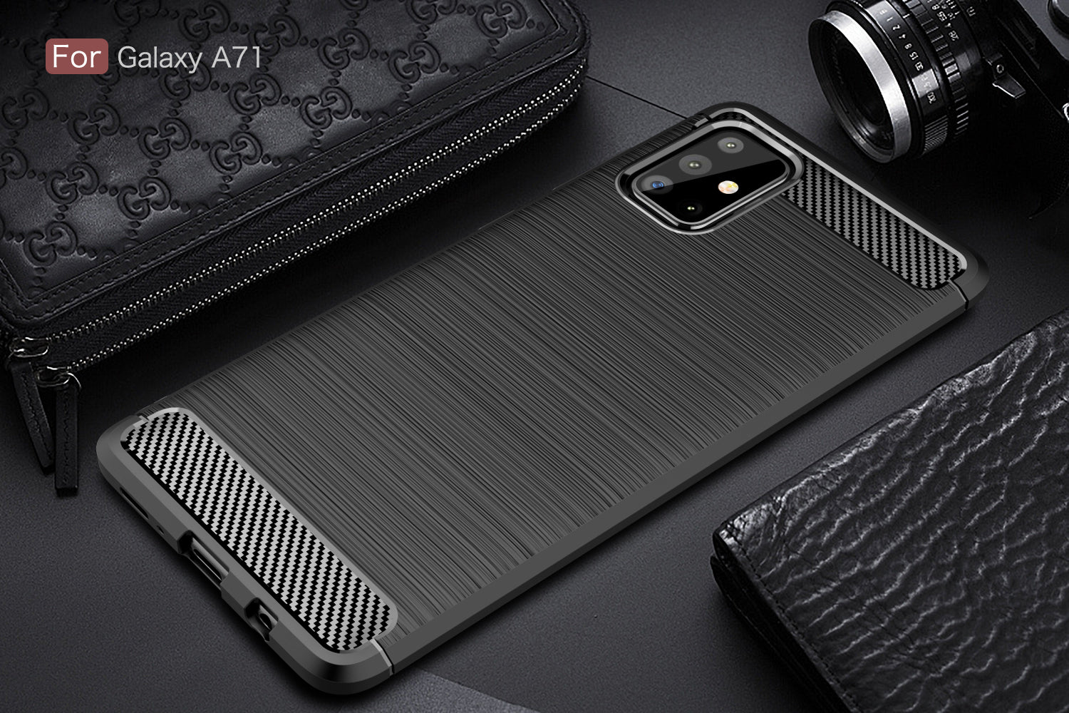 Samsung A71 Carbon Fibre TPU Case Slim Shockproof Cover Black