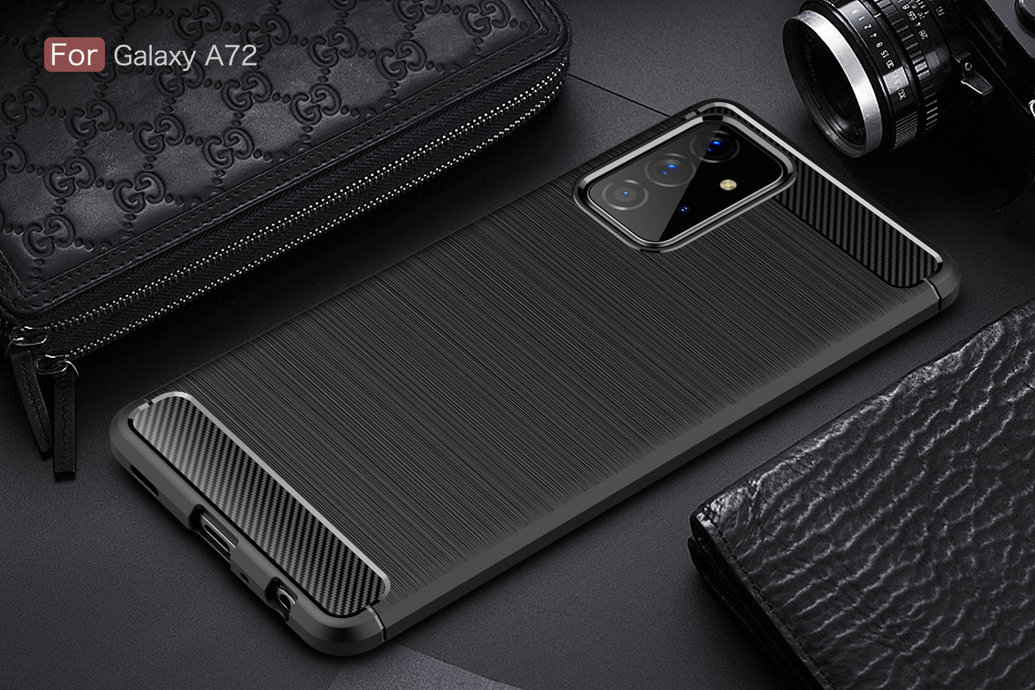 Samsung A72 Carbon Fibre TPU Case Slim Shockproof Cover Black