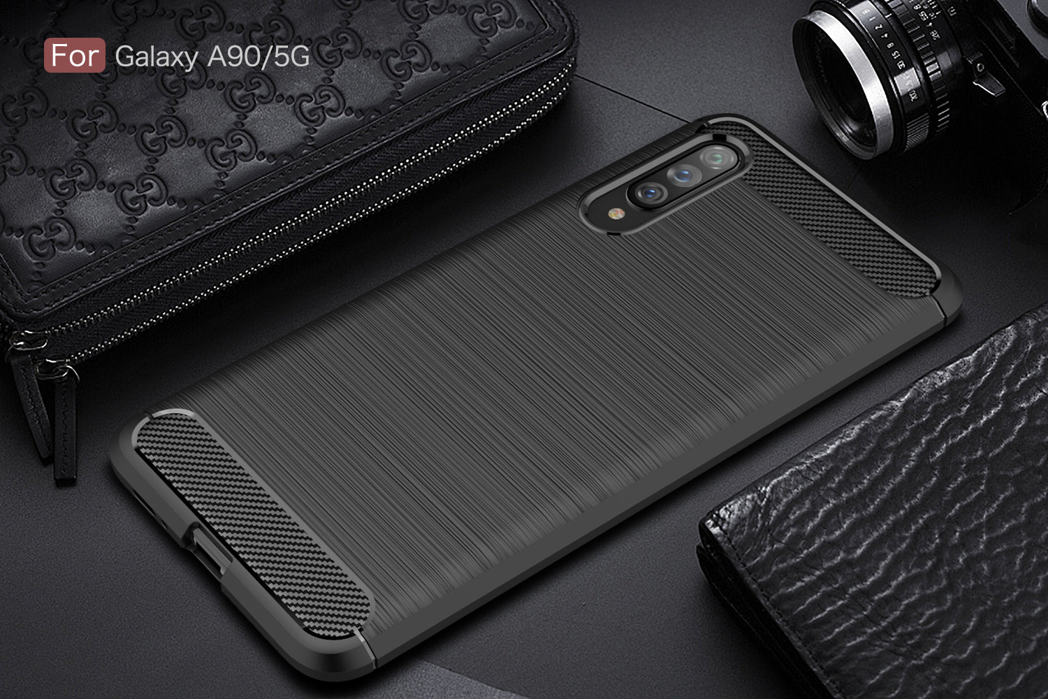 Samsung A90-5G Carbon Fibre TPU Case Slim Shockproof Cover Black
