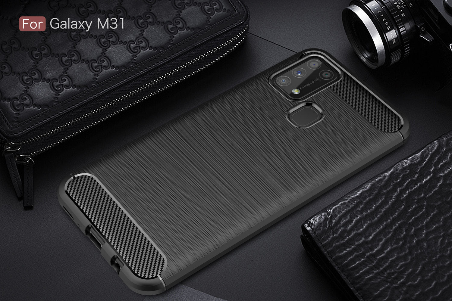Samsung M31 Carbon Fibre TPU Case Slim Shockproof Cover Black