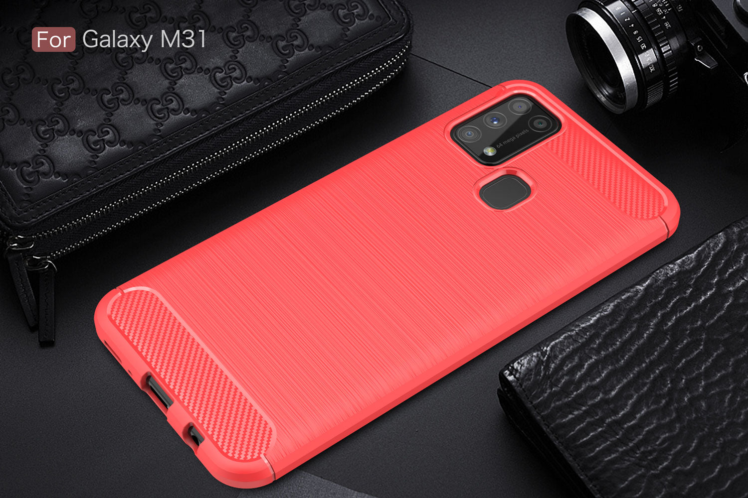 Samsung M31 Carbon Fibre TPU Case Slim Shockproof Cover Red