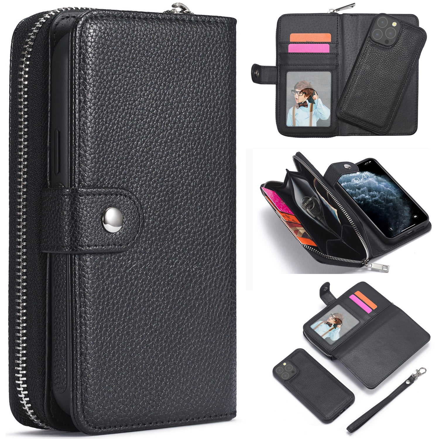 iPhone 13 Pro Case Zipper Wallet (Black)