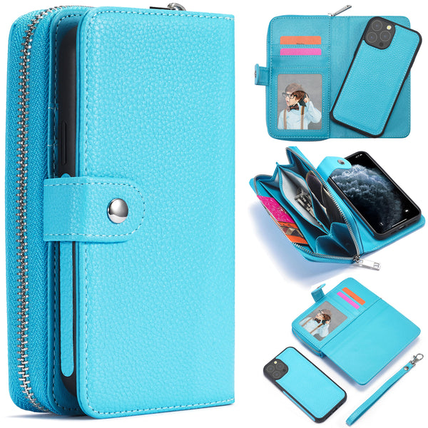 iPhone 13 Pro Max Case Zipper Wallet (LightBlue)