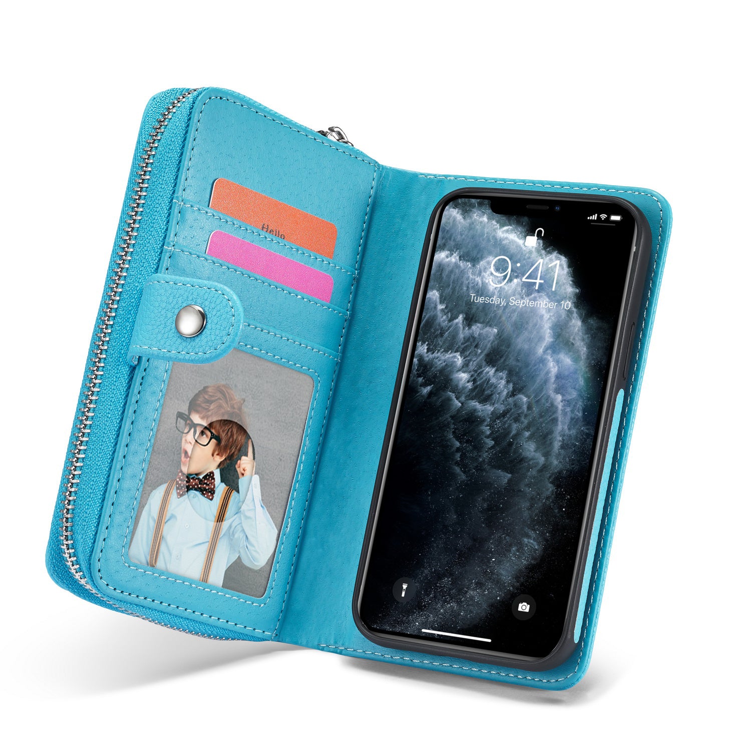 iPhone 13 Pro Max Case Zipper Wallet (LightBlue)