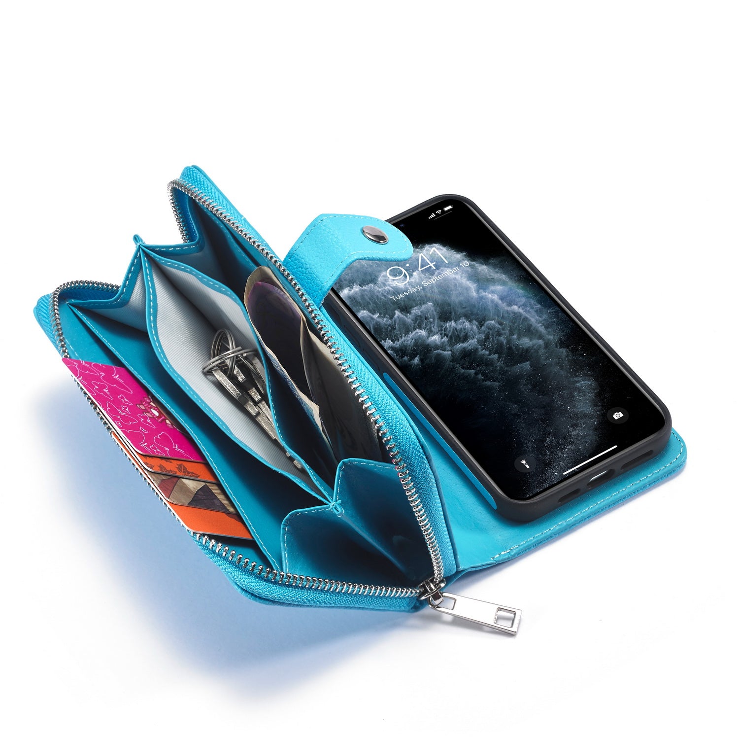 iPhone 13 Pro Max Case Zipper Wallet (LightBlue)