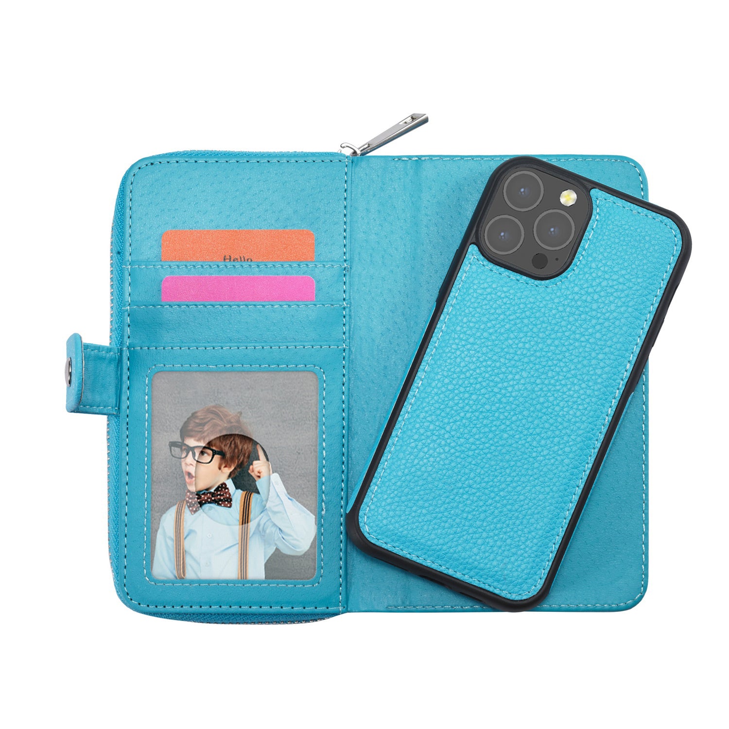 iPhone 13 Pro Max Case Zipper Wallet (LightBlue)