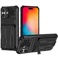 iPhone 16 Plus Heavy Duty Kickstand Card Holder Case Shockproof Black - Black
