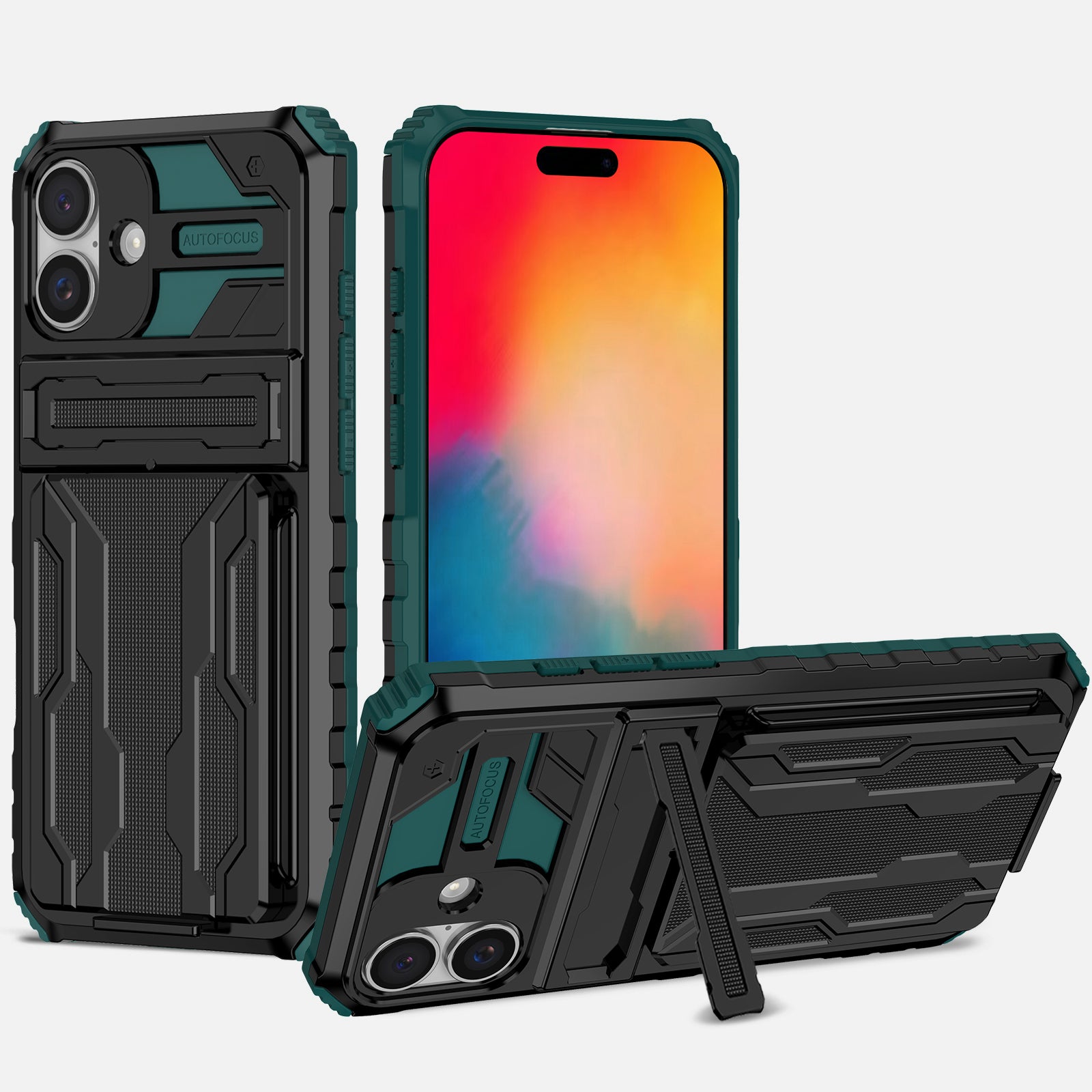 iPhone 16 Plus Heavy Duty Kickstand Card Holder Case Shockproof Teal