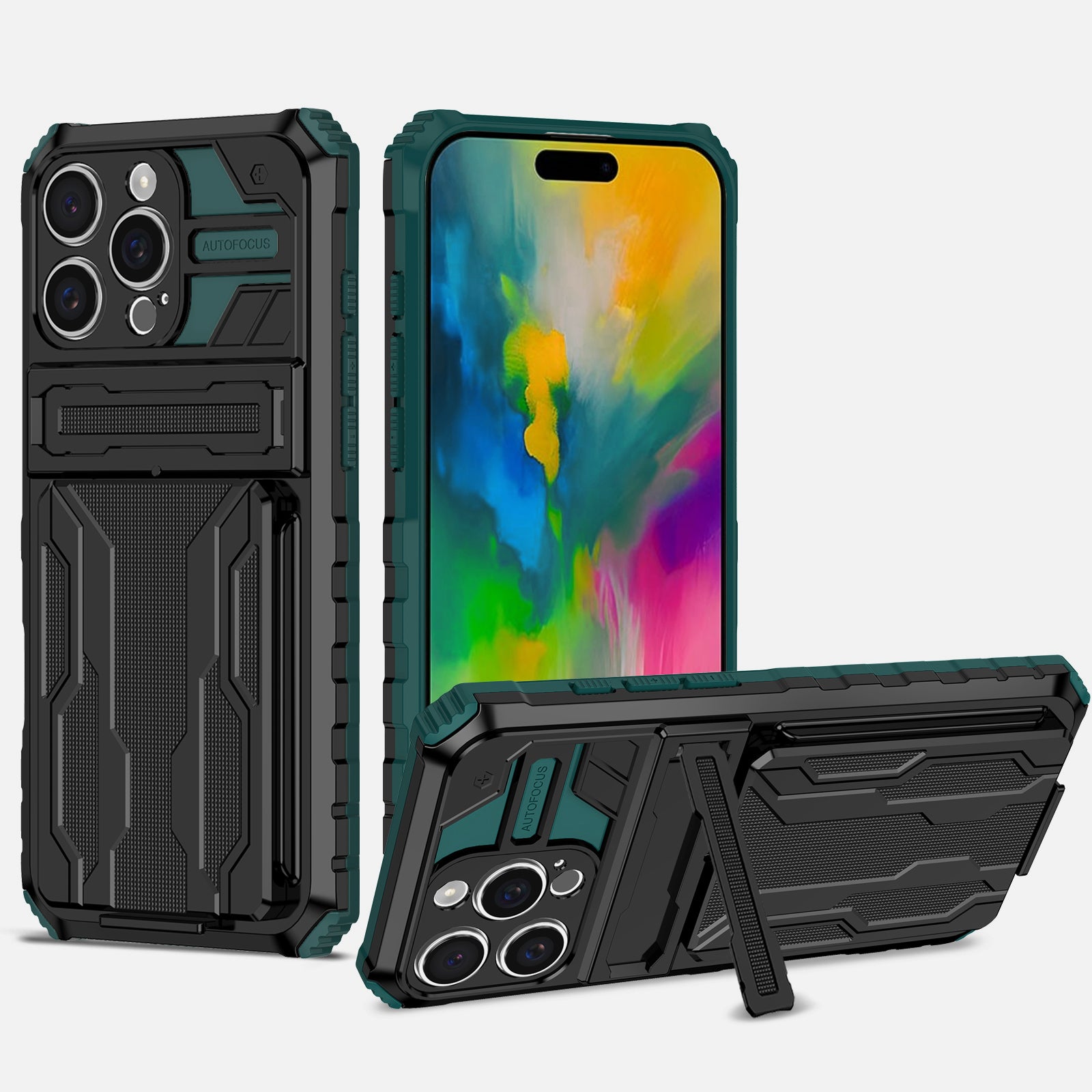 iPhone 16 Pro Heavy Duty Kickstand Card Holder Case Shockproof Teal