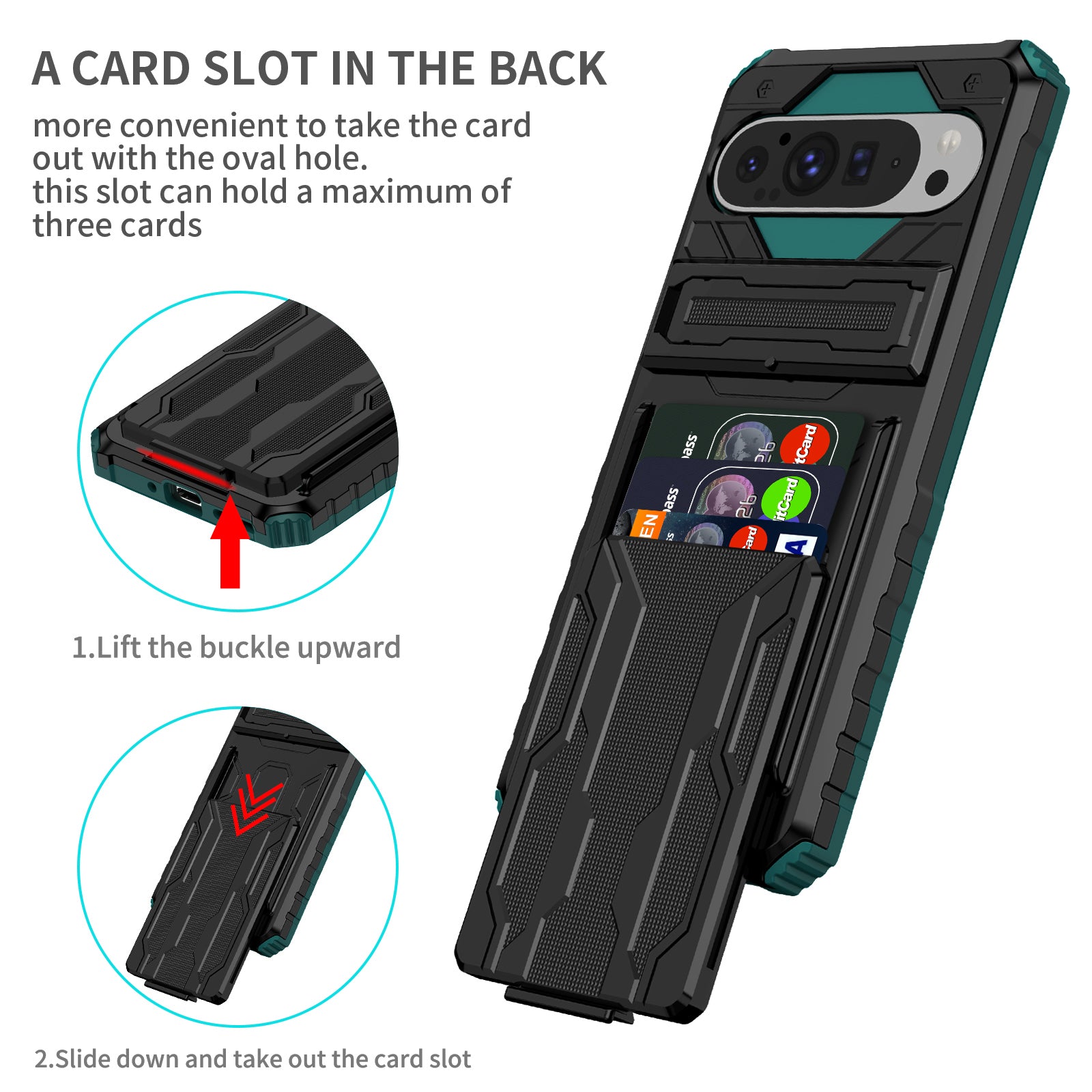 Google Pixel 9 Pro XL Heavy Duty Kickstand Card Holder Case Shockproof Teal