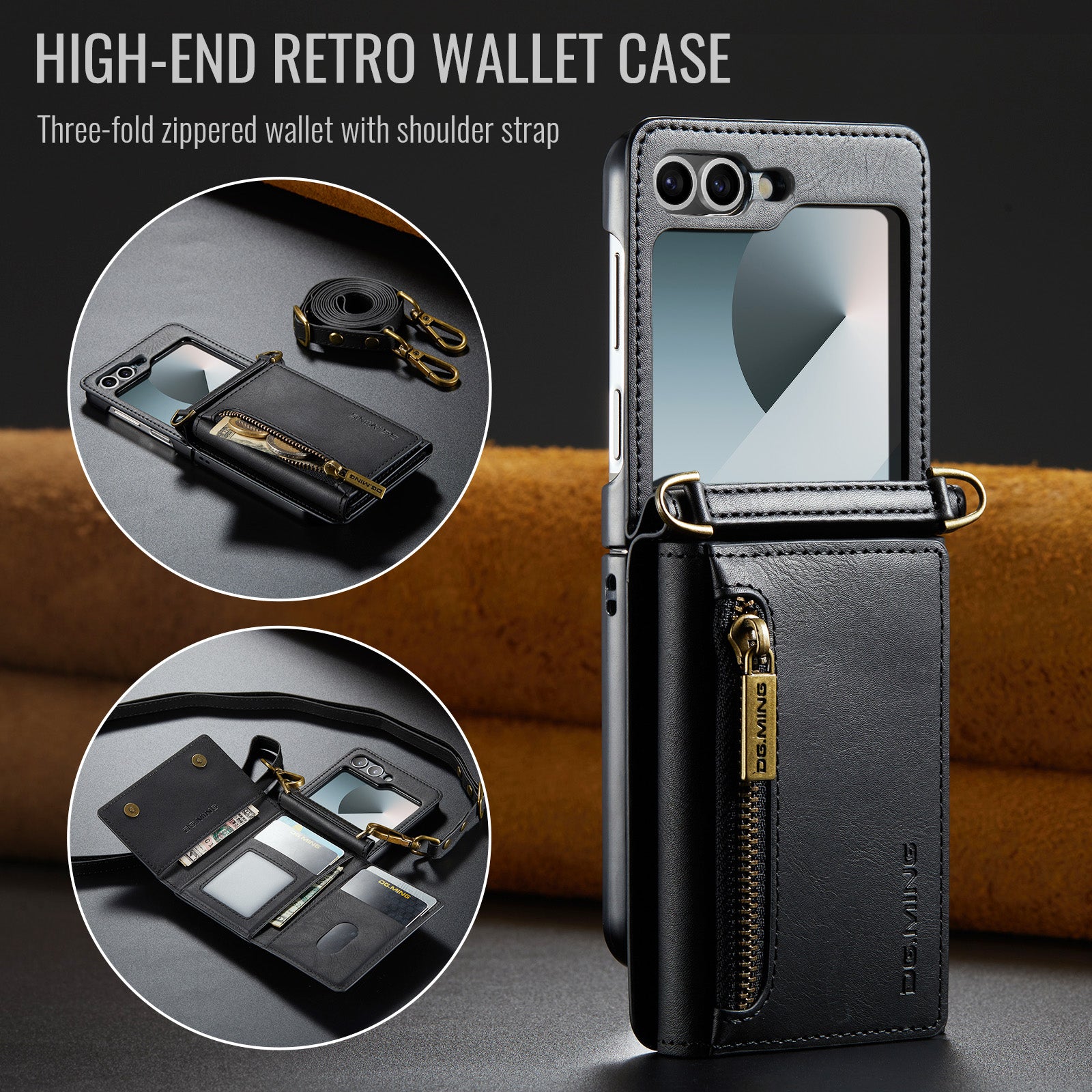 DG.MING Samsung Galaxy Z Flip 7 FE Crossbody Wallet Case [Black]