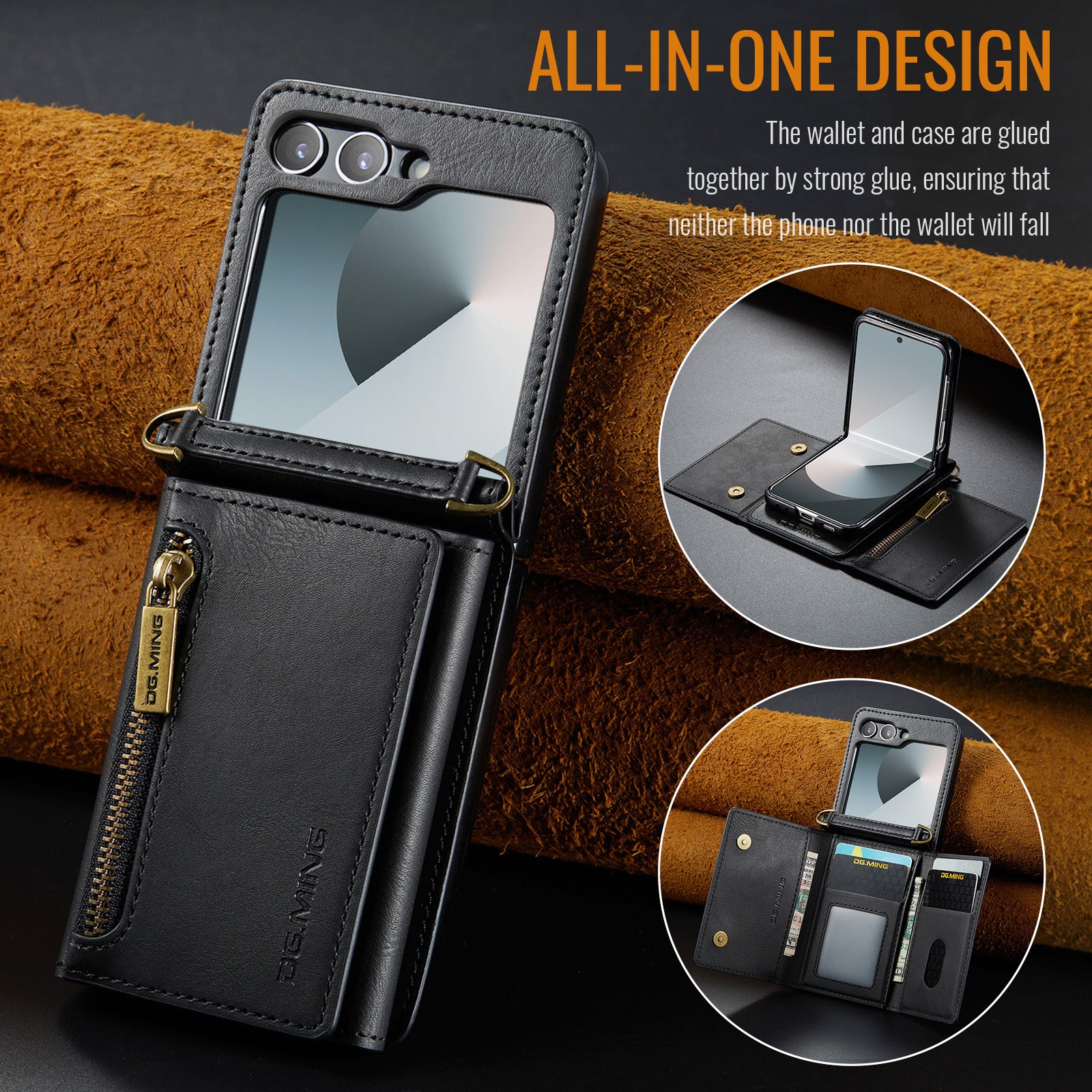 DG.MING Samsung Galaxy Z Flip 7 FE Crossbody Wallet Case [Black]