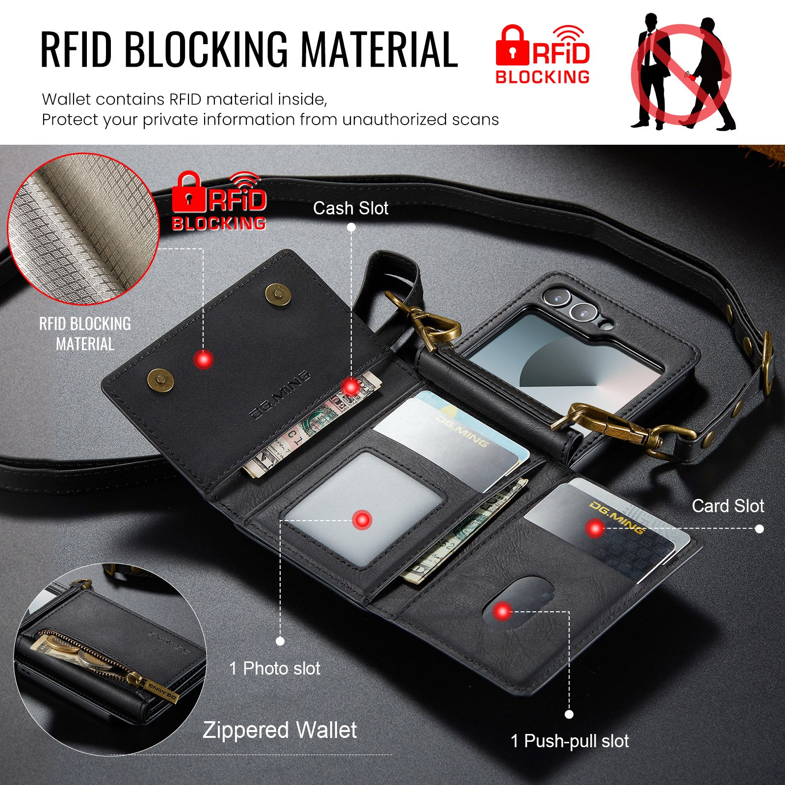 DG.MING Samsung Galaxy Z Flip 7 FE Crossbody Wallet Case [Black]