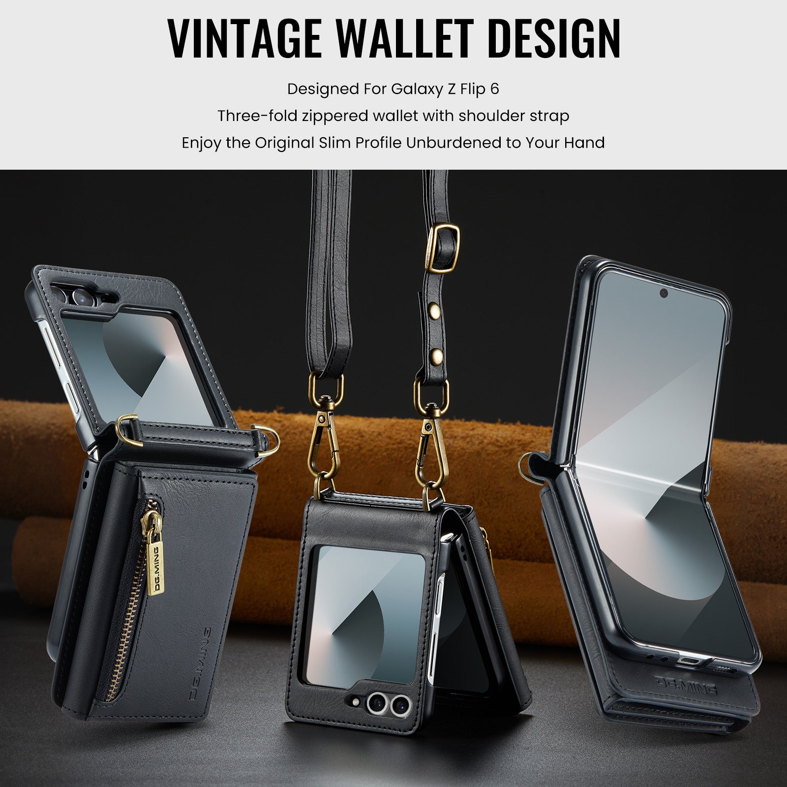 DG.MING Samsung Galaxy Z Flip 7 FE Crossbody Wallet Case [Black]