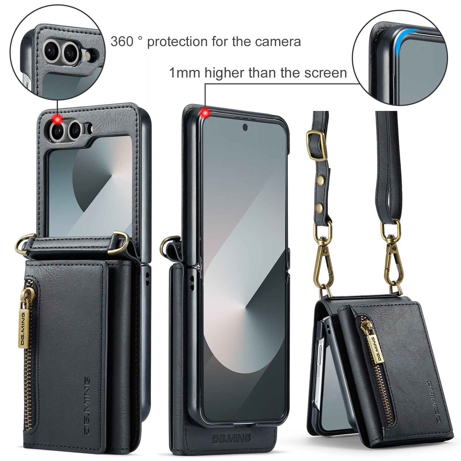 DG.MING Samsung Galaxy Z Flip 7 FE Crossbody Wallet Case [Black]