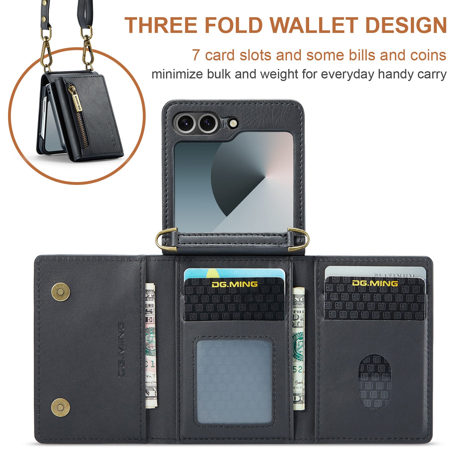 DG.MING Samsung Galaxy Z Flip 7 FE Crossbody Wallet Case [Black]