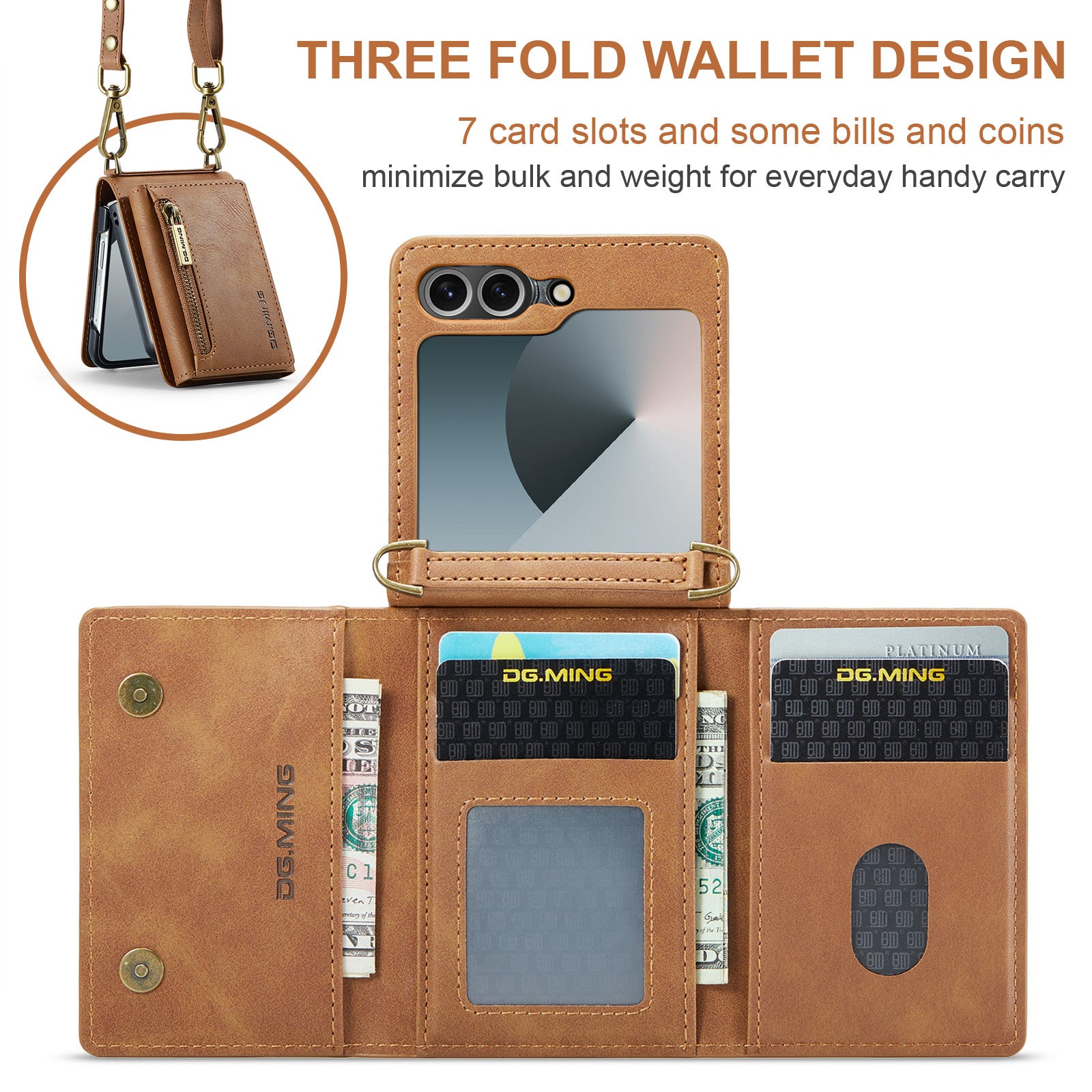 DG.MING Samsung Galaxy Z Flip 7 FE Crossbody Wallet Case [Brown]