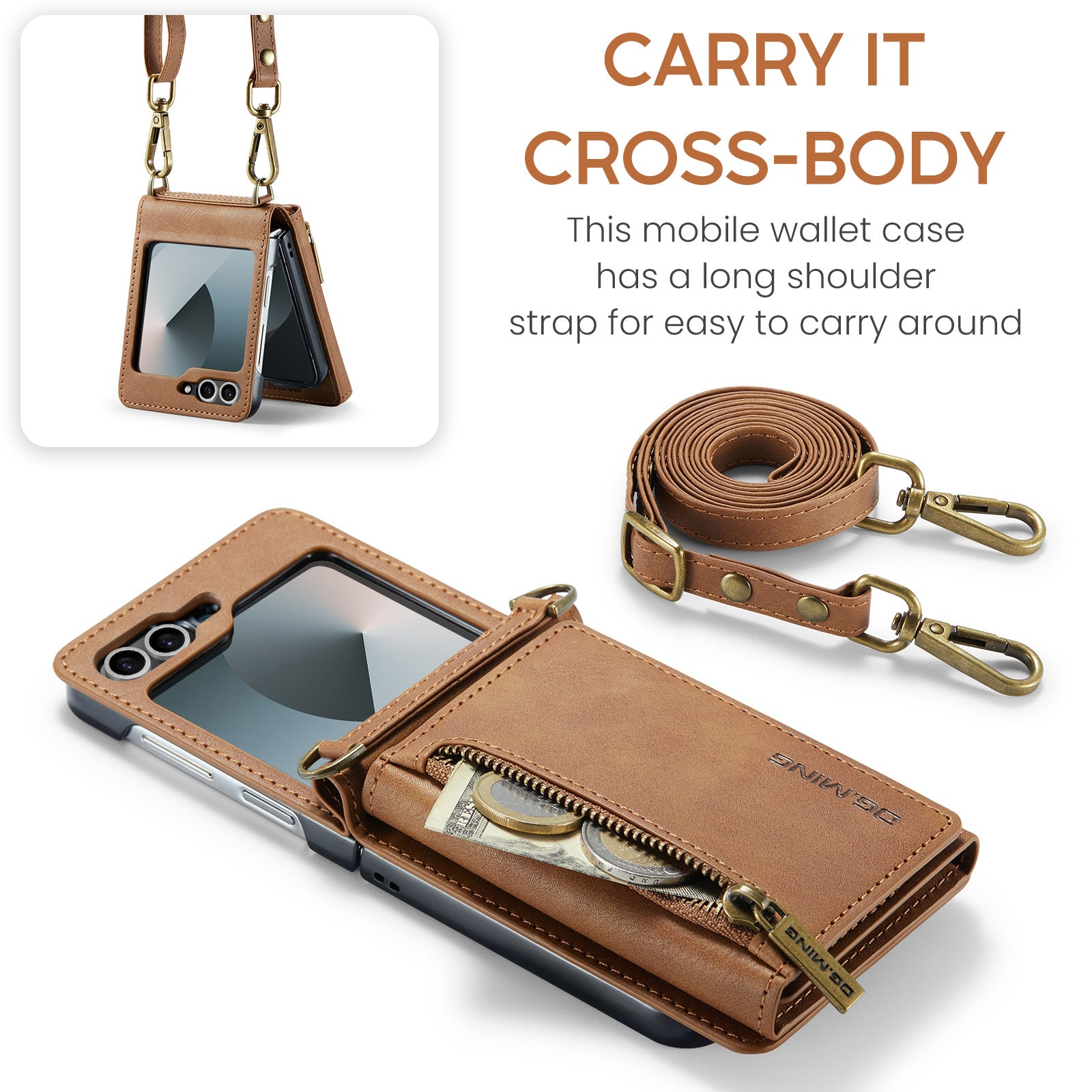 DG.MING Samsung Galaxy Z Flip 7 FE Crossbody Wallet Case [Brown]