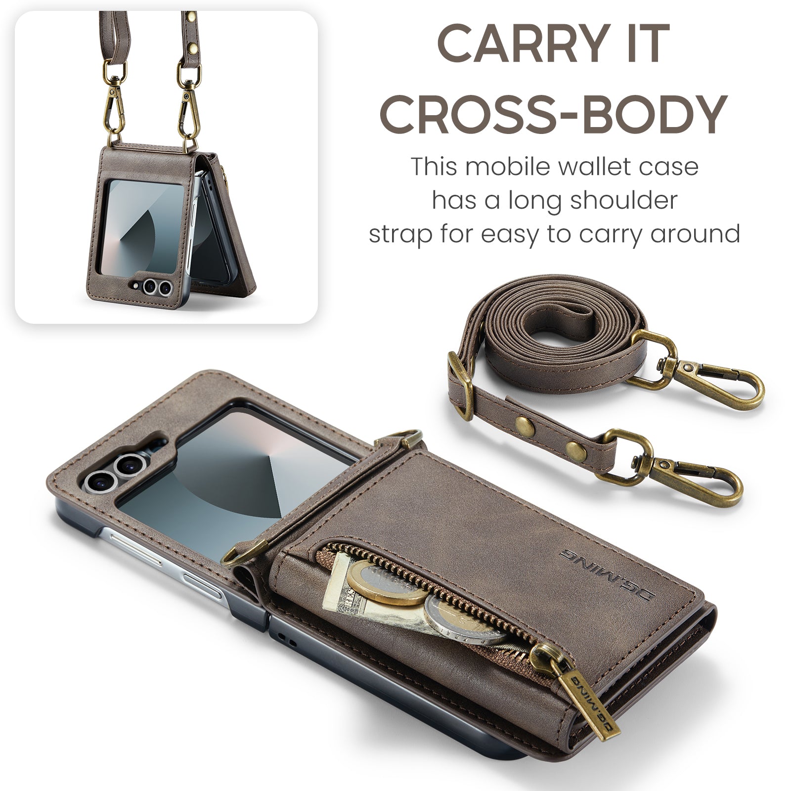 DG.MING Samsung Galaxy Z Flip 7 FE Crossbody Wallet Case [Coffee]