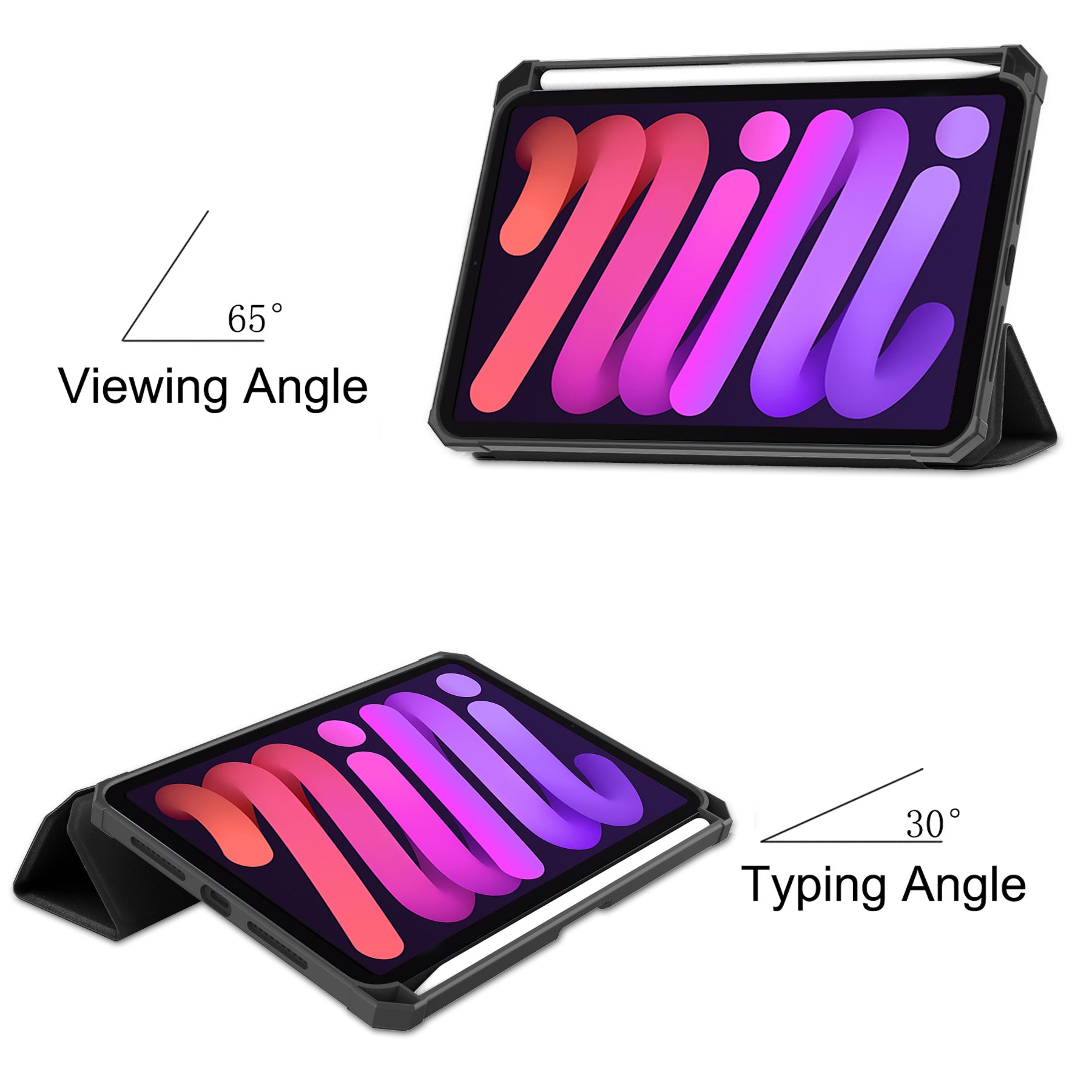 iPad Mini 7 (A17 Pro 2024) Tri Fold PU Leather Case with Pencil Holder [Black]