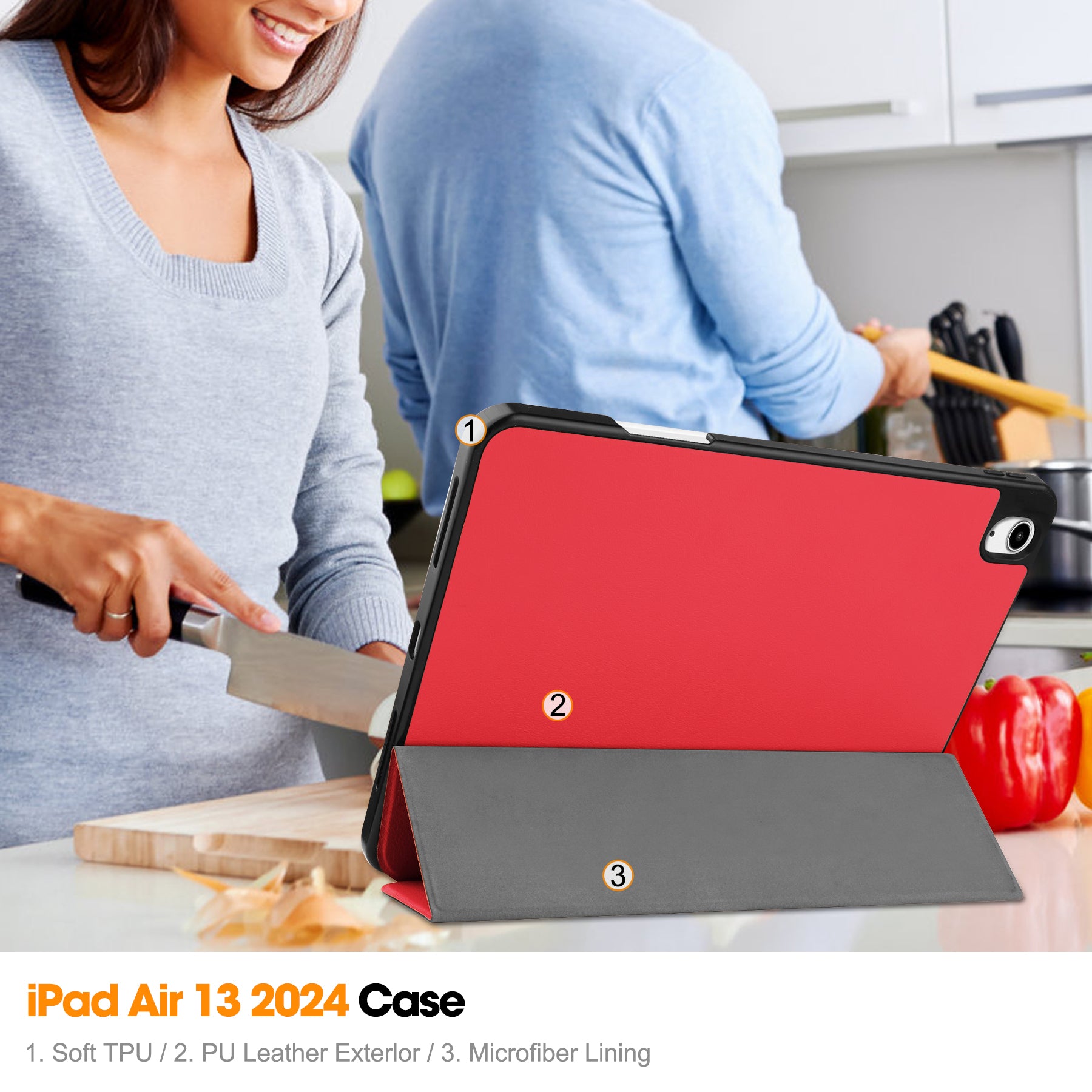 iPad Air 13 (M3, 2025) Tri Fold Case with Pen Holder [Red]