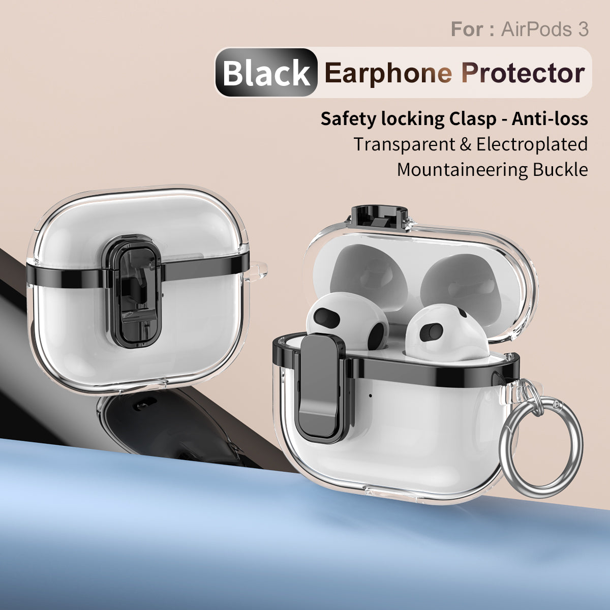 Apple AirPods 3 Clear Lock TPU Protective Case with Metal Key Ring - Black