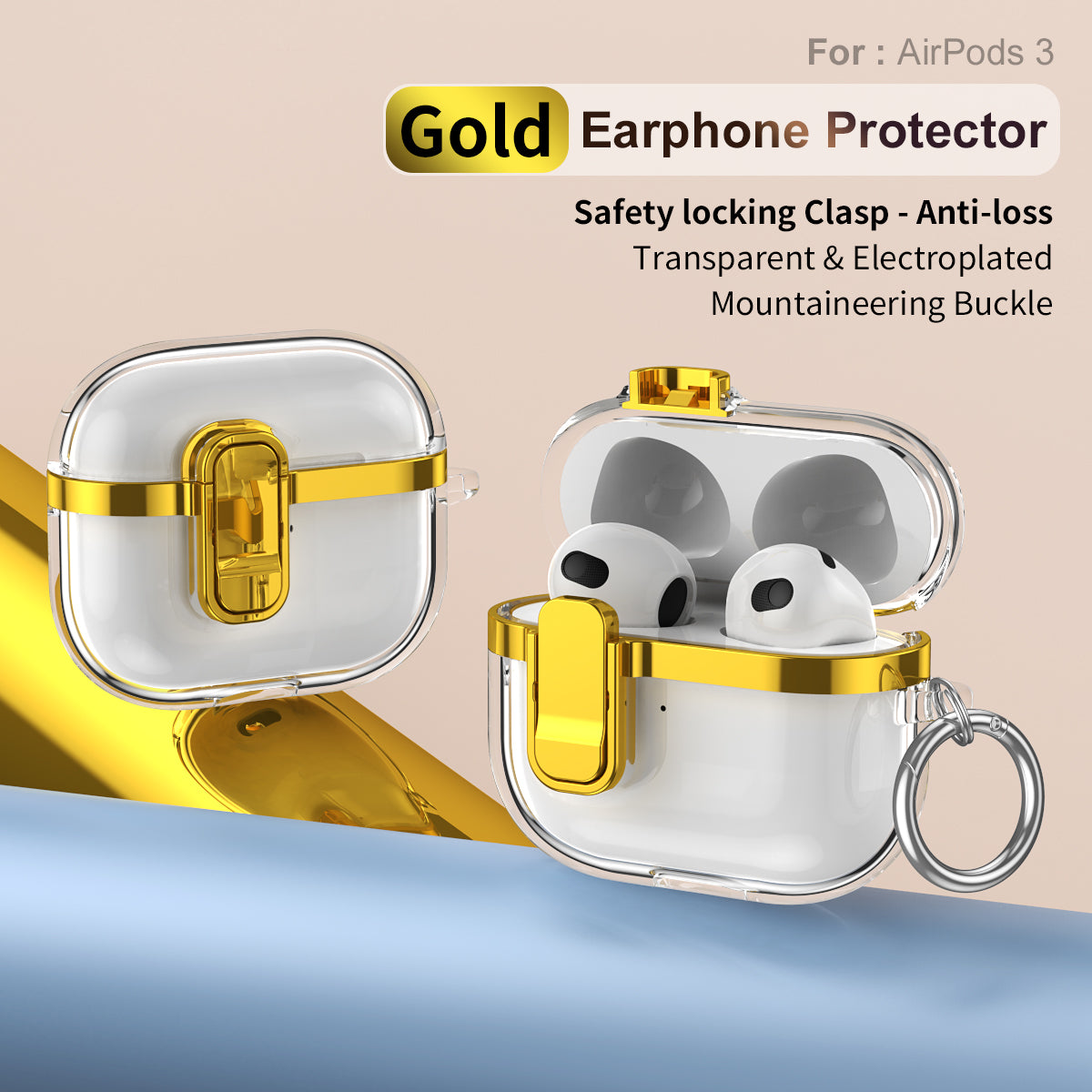 Apple AirPods 3 Clear Lock TPU Protective Case with Metal Key Ring - Gold