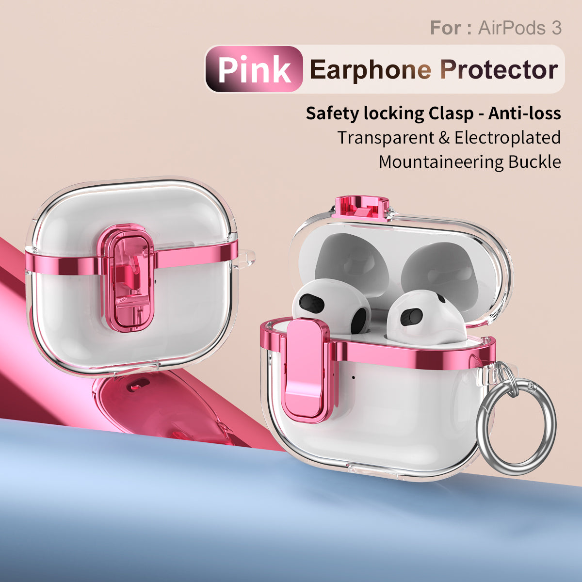 Apple AirPods 3 Clear Lock TPU Protective Case with Metal Key Ring - Metallic Pink