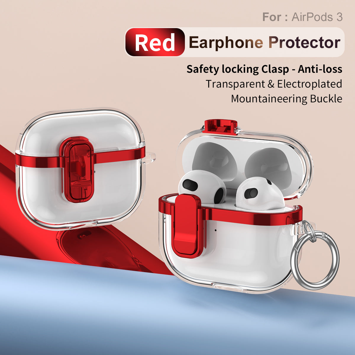 Apple AirPods 3 Clear Lock TPU Protective Case with Metal Key Ring - Red
