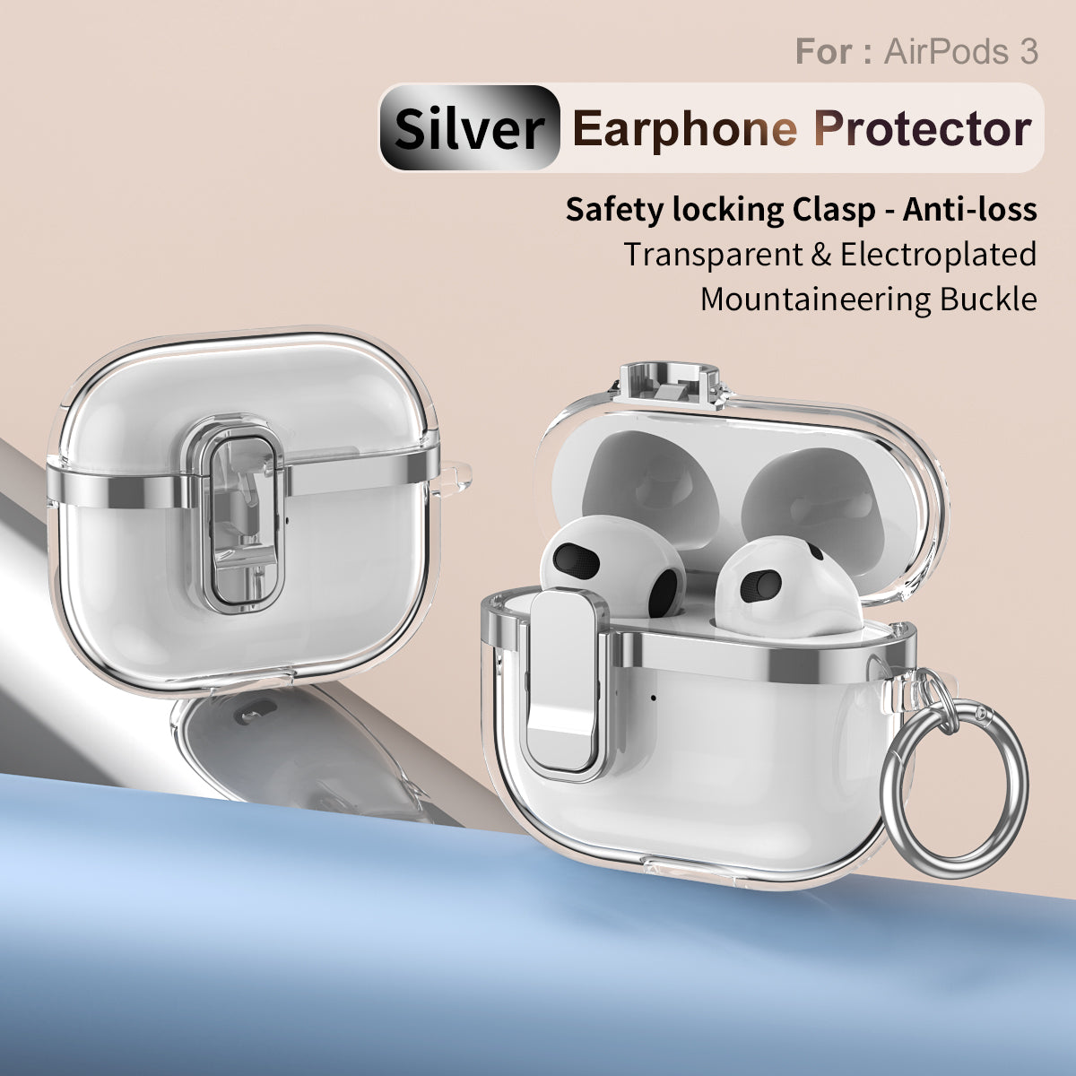 Apple AirPods 3 Clear Lock TPU Protective Case with Metal Key Ring - Silver