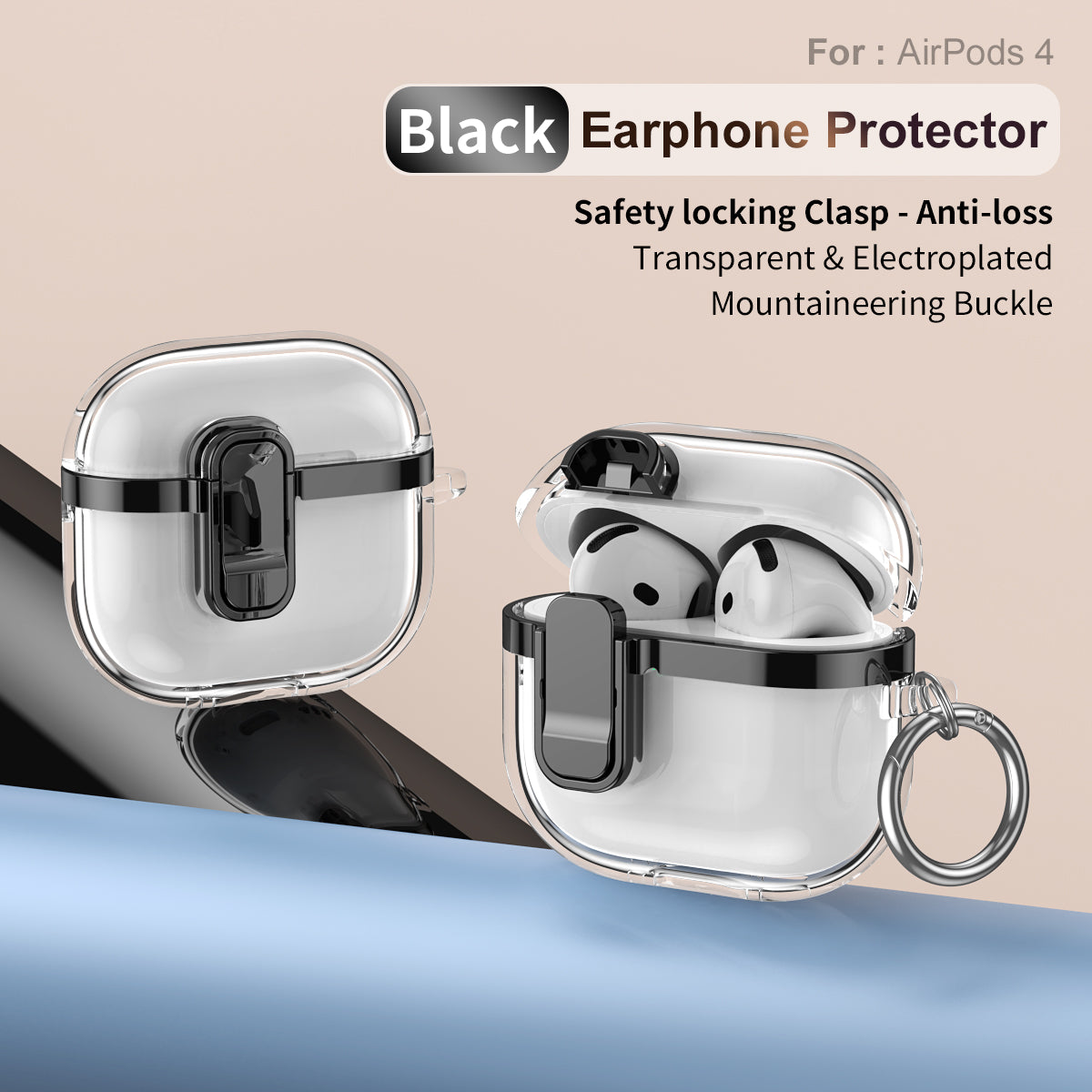 Apple AirPods 4 Clear Lock TPU Protective Case with Metal Key Ring - Black