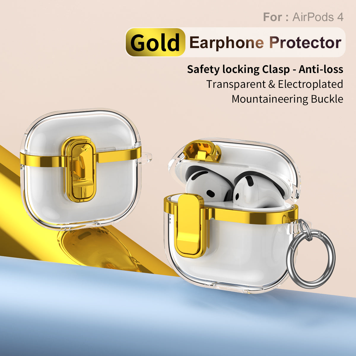 Apple AirPods 4 Clear Lock TPU Protective Case with Metal Key Ring - Gold