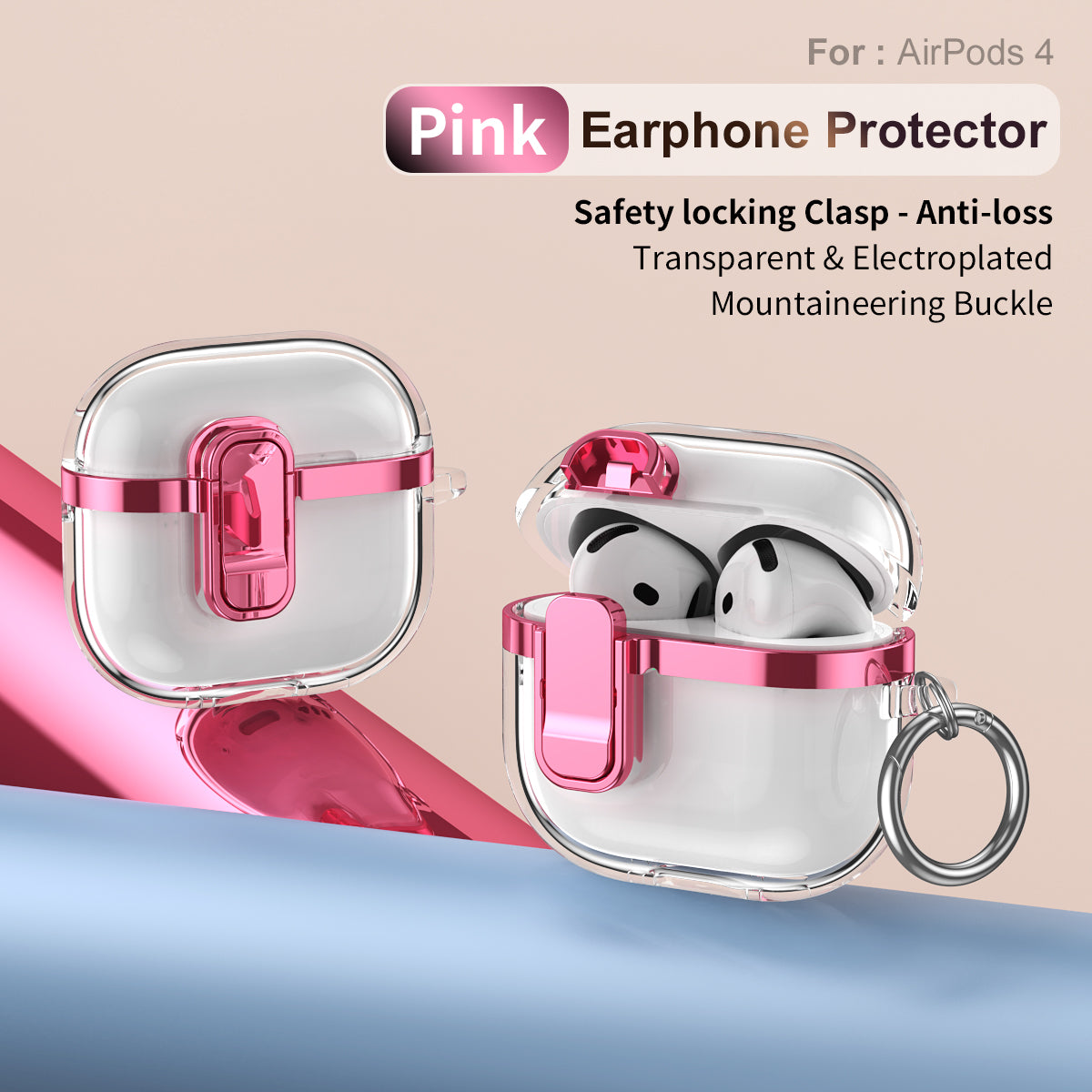 Apple AirPods 4 Clear Lock TPU Protective Case with Metal Key Ring - Metallic Pink