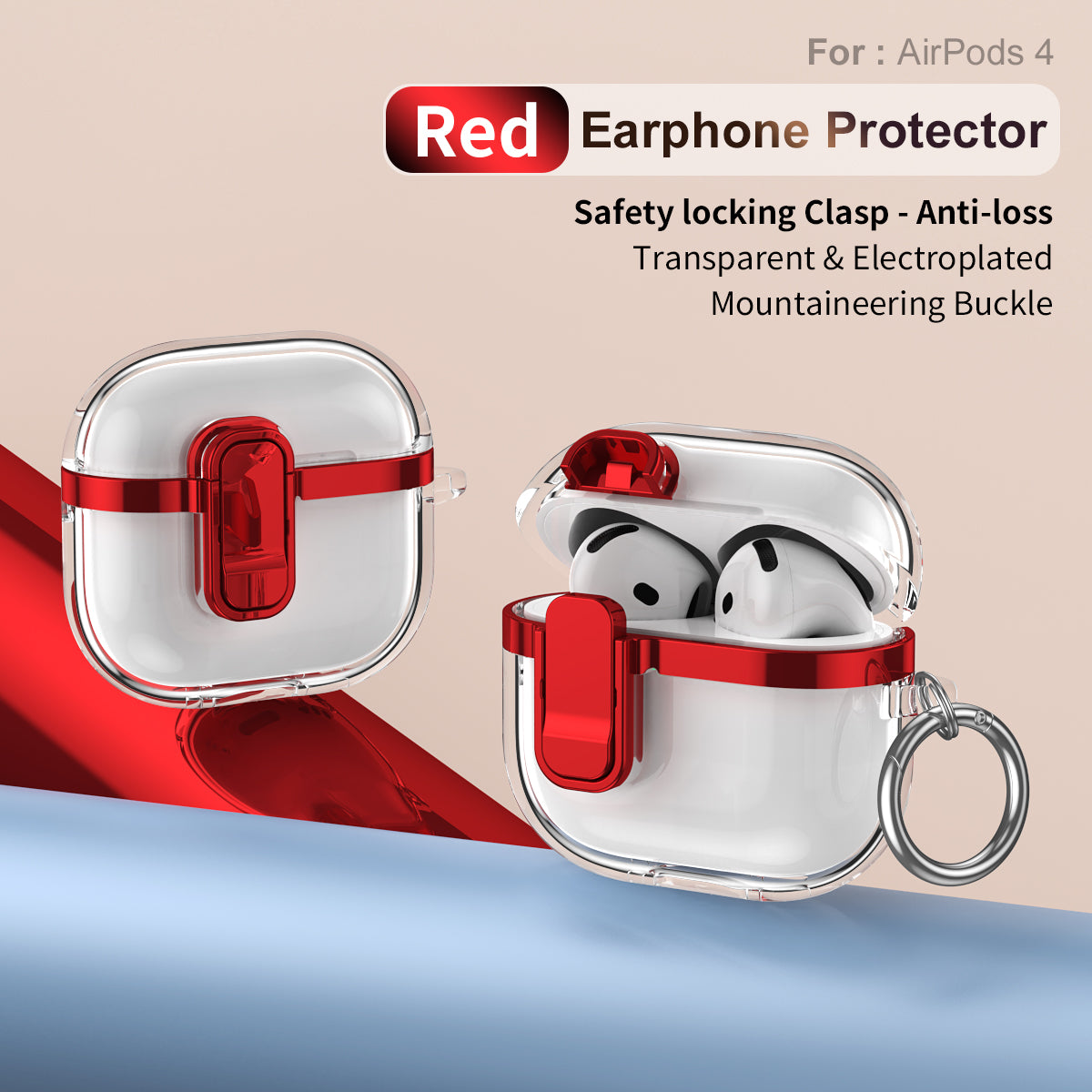Apple AirPods 4 Clear Lock TPU Protective Case with Metal Key Ring - Red