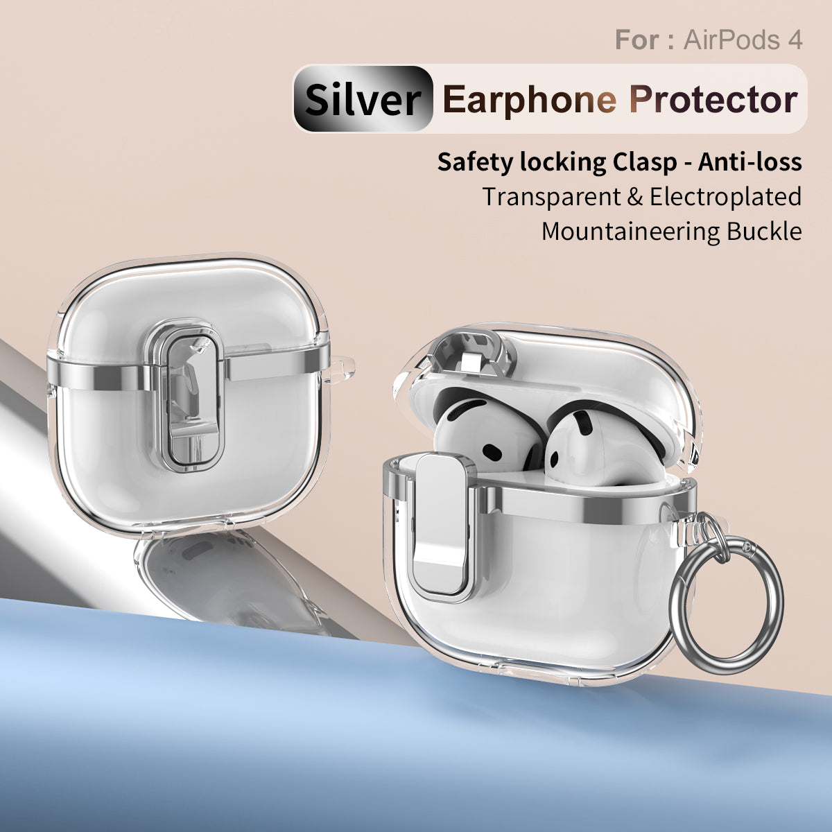 Apple AirPods 4 Clear Lock TPU Protective Case with Metal Key Ring - Silver
