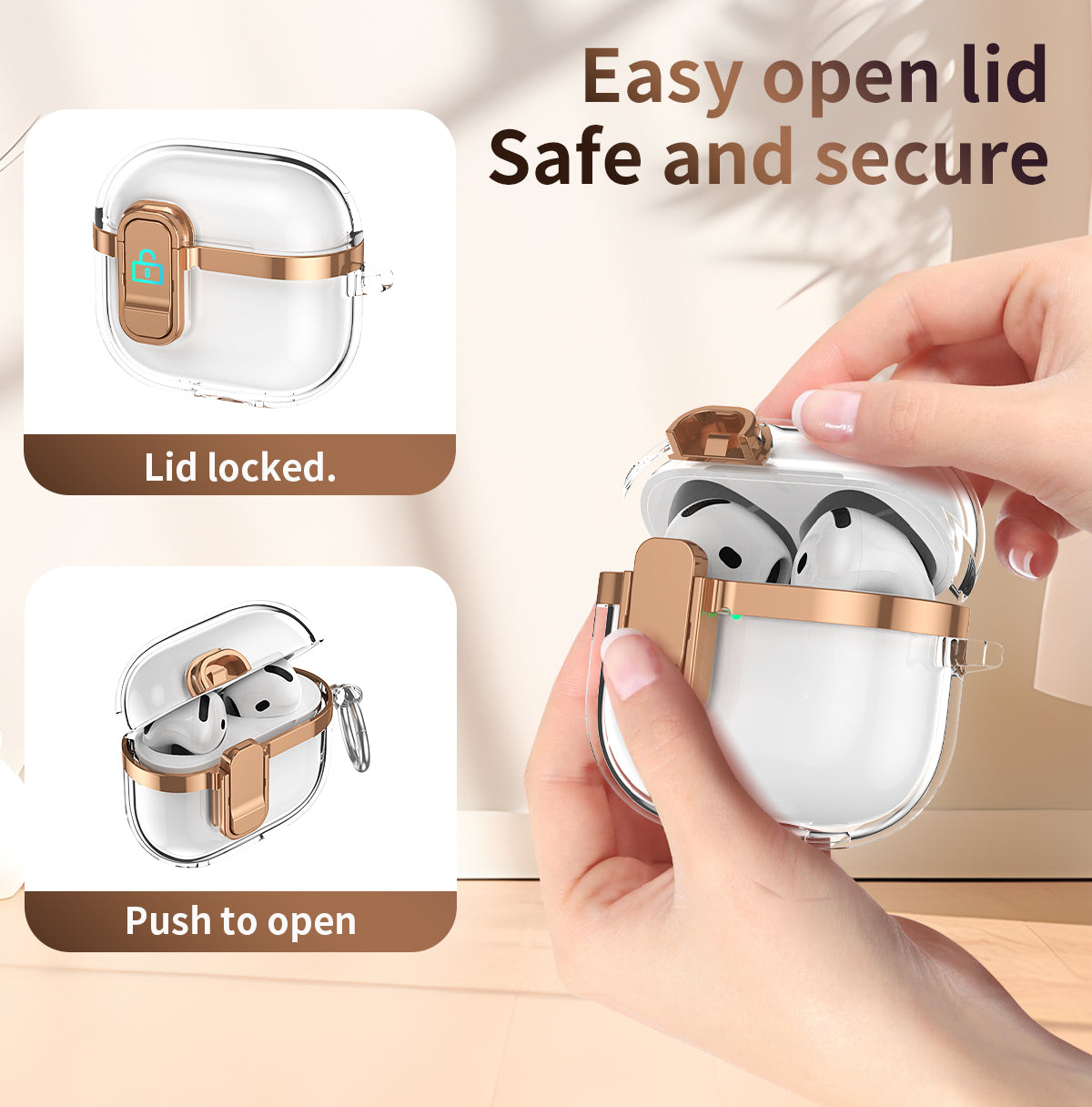 Apple AirPods 4 Clear Lock TPU Protective Case with Metal Key Ring - Gold
