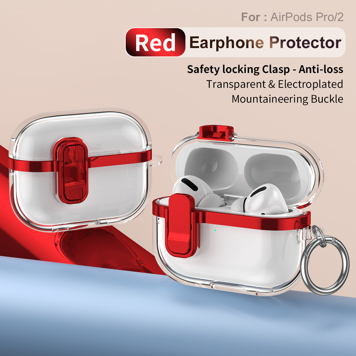 Apple AirPods Pro 2 Clear Lock TPU Protective Case with Metal Key Ring - Red