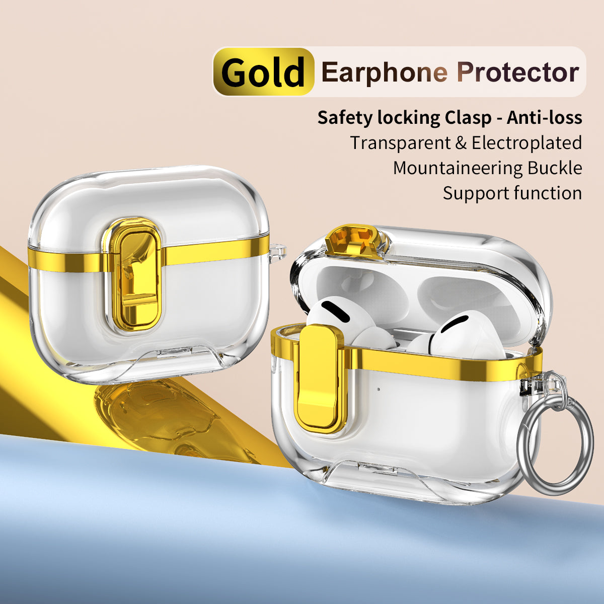 Apple AirPods Pro 3  Clear Lock TPU Protective Case with Metal Key Ring - Gold