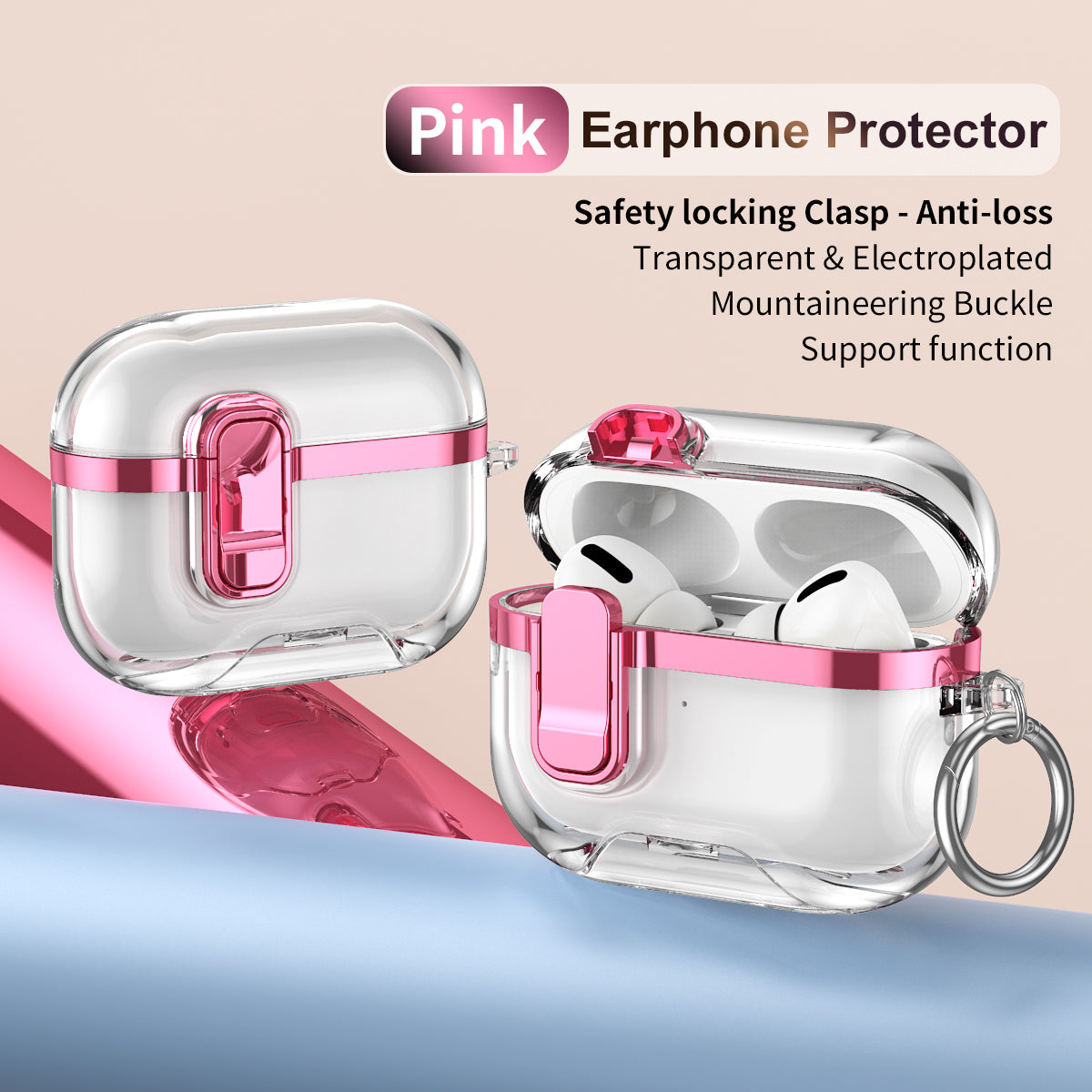 Apple AirPods Pro 3  Clear Lock TPU Protective Case with Metal Key Ring - Metallic Pink