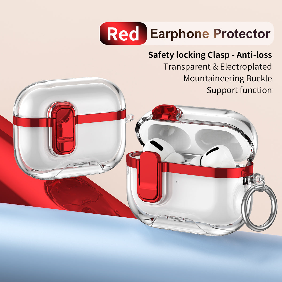 Apple AirPods Pro 3  Clear Lock TPU Protective Case with Metal Key Ring - Red