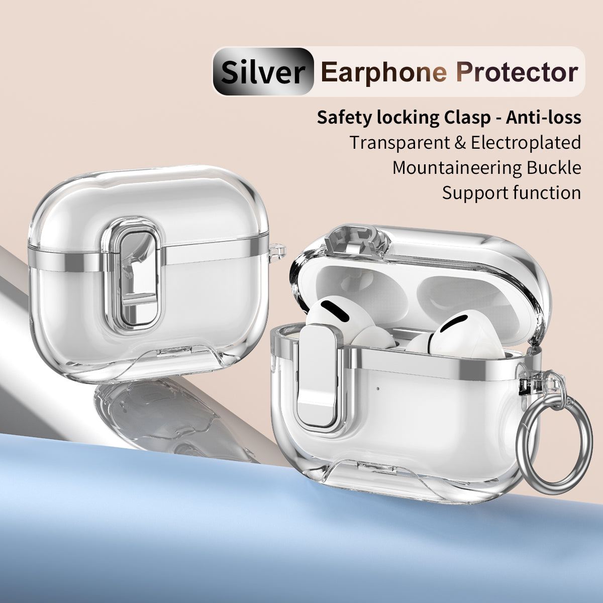 Apple AirPods Pro 3  Clear Lock TPU Protective Case with Metal Key Ring - Silver