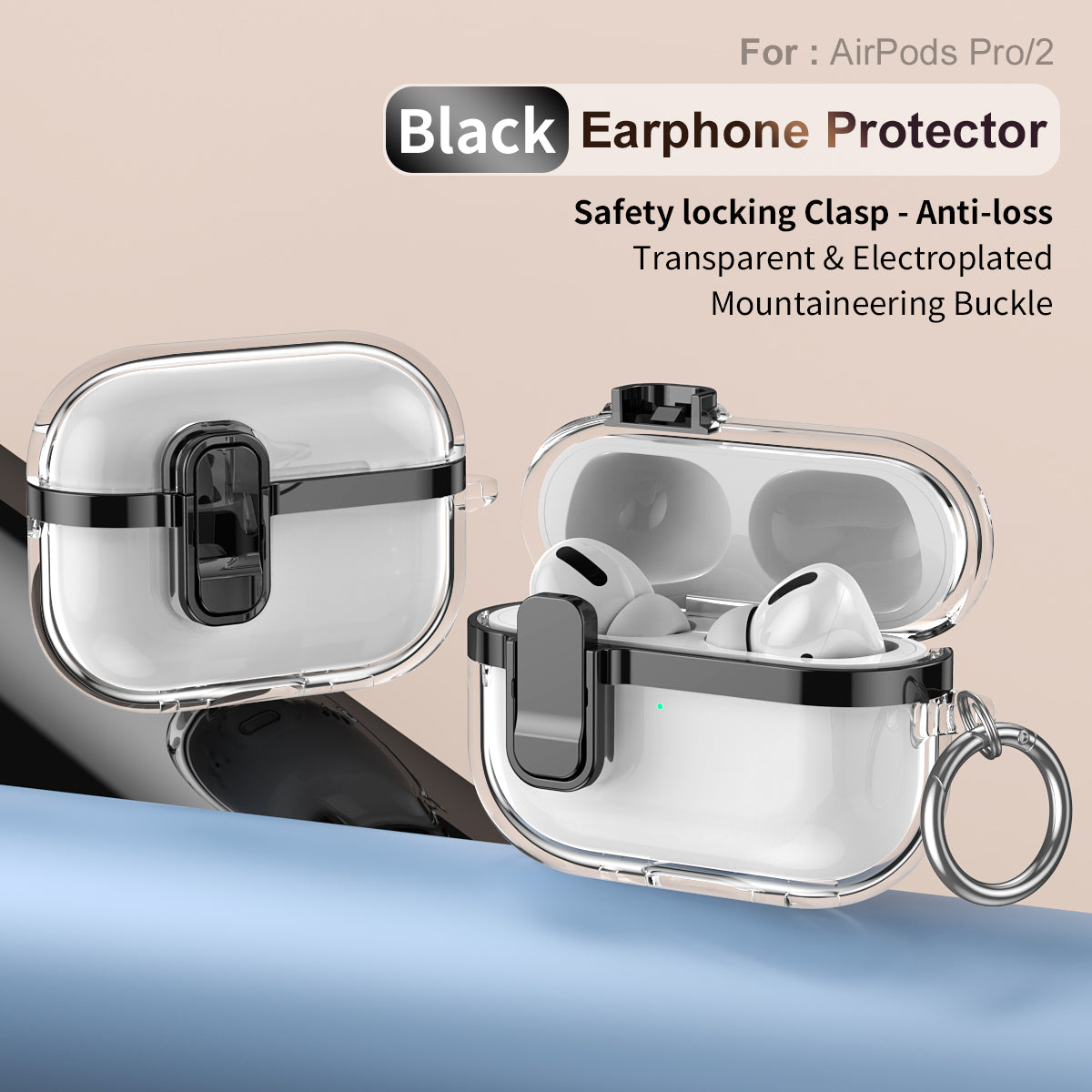 Apple AirPods Pro (1st Gen) Clear Lock TPU Protective Case with Metal Key Ring - Black