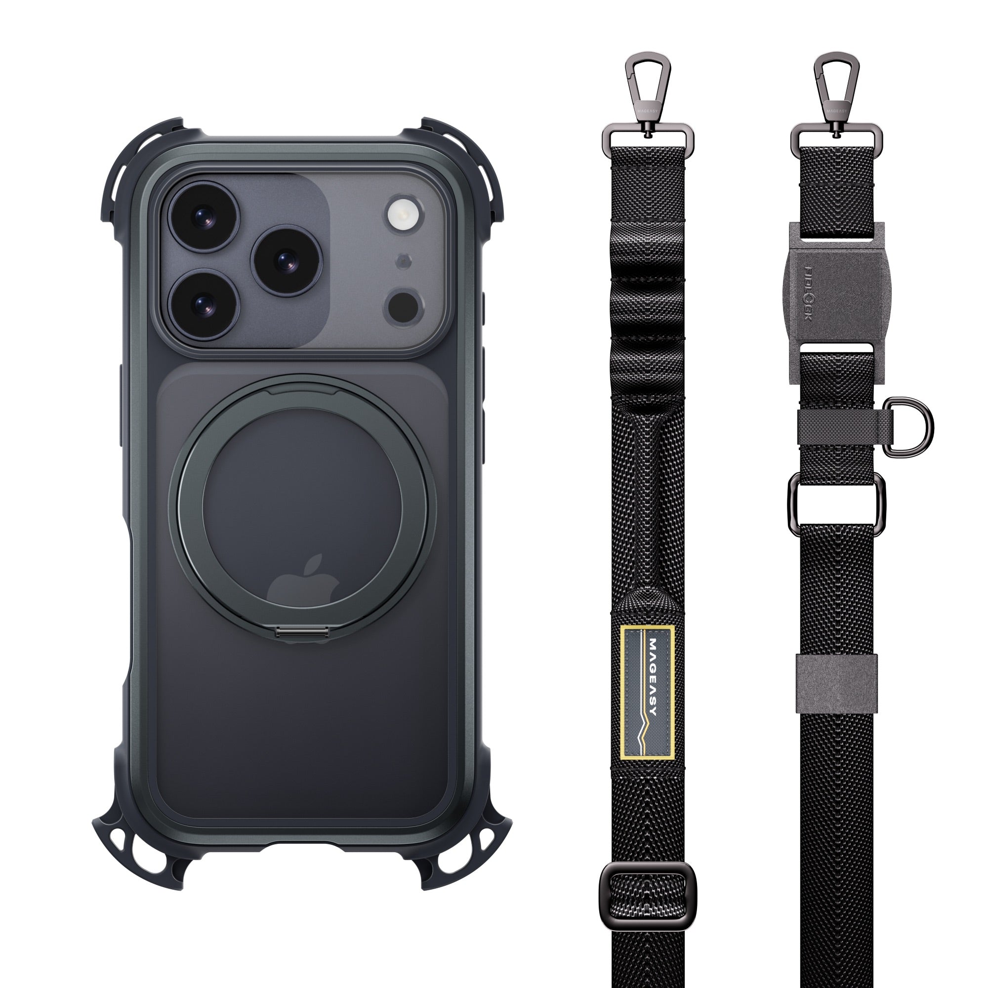 Mageasy Odyssey Ultra M 360 Stand with Lanyard MagSafe Rugged Case - iPhone 17 Pro - Midnight/Black