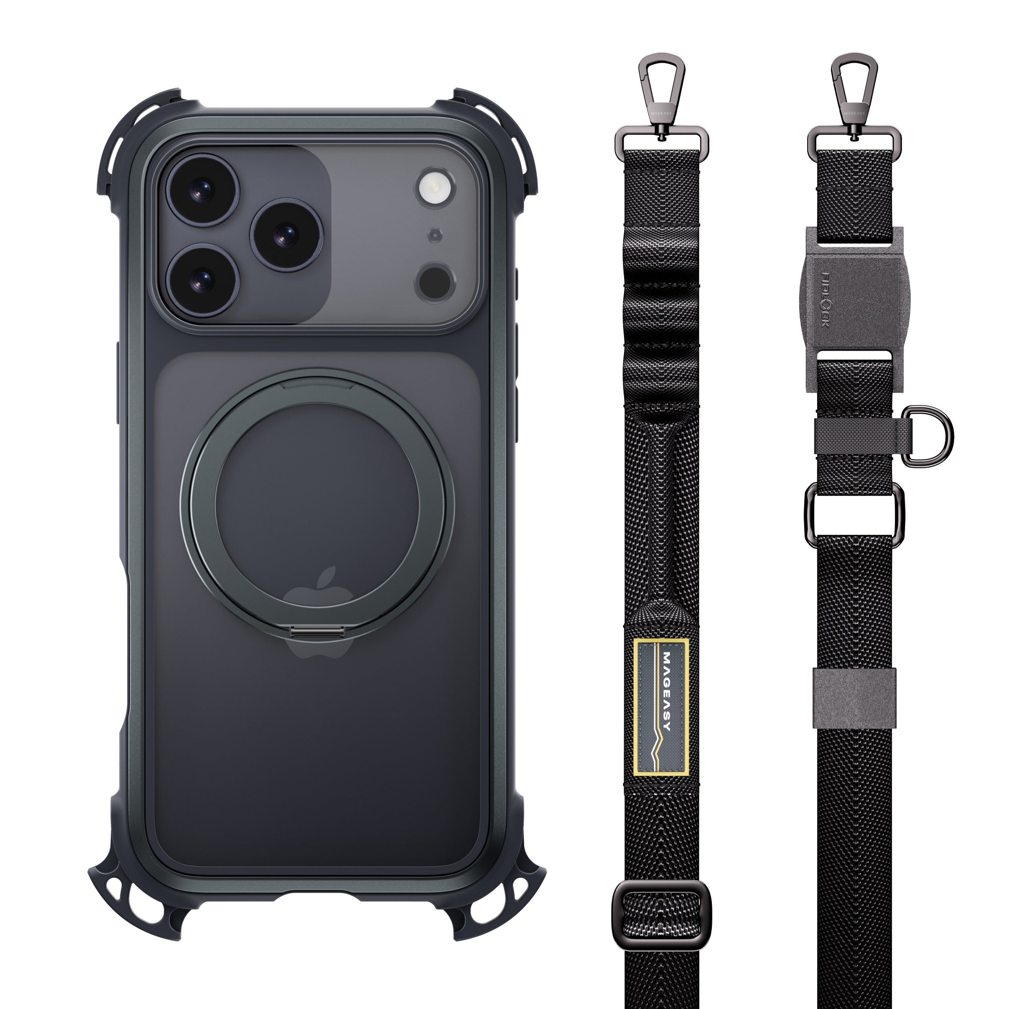 Mageasy Odyssey Ultra M 360 Stand with Lanyard MagSafe Rugged Case - iPhone 17 Pro Max - Midnight/Black