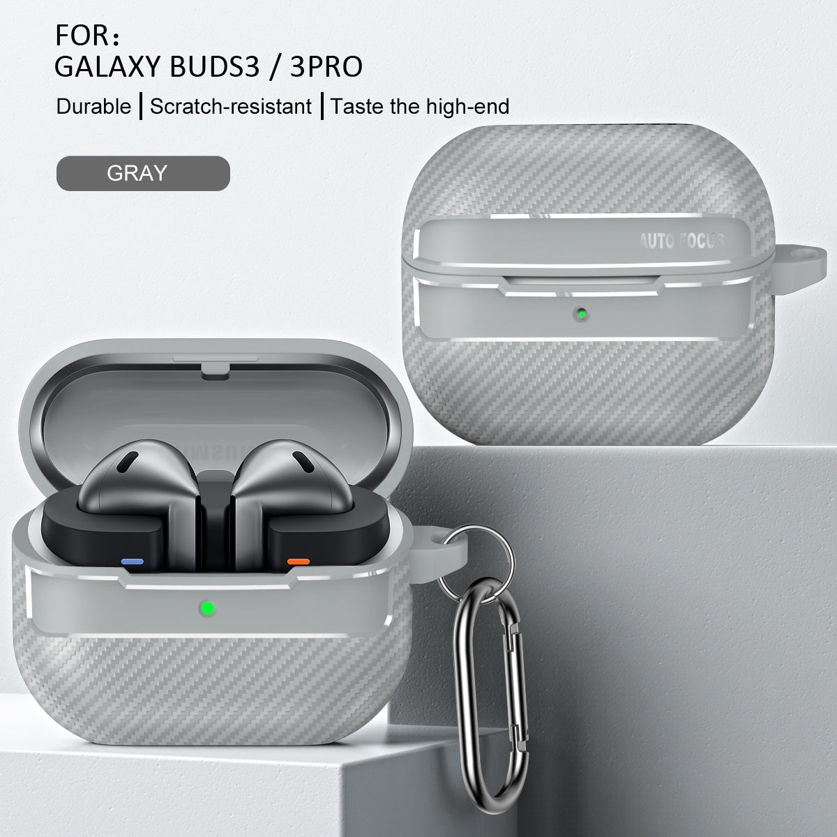 Samsung Galaxy Buds3 / Buds3Pro Carbon Firbre Case with Carabiner - Grey