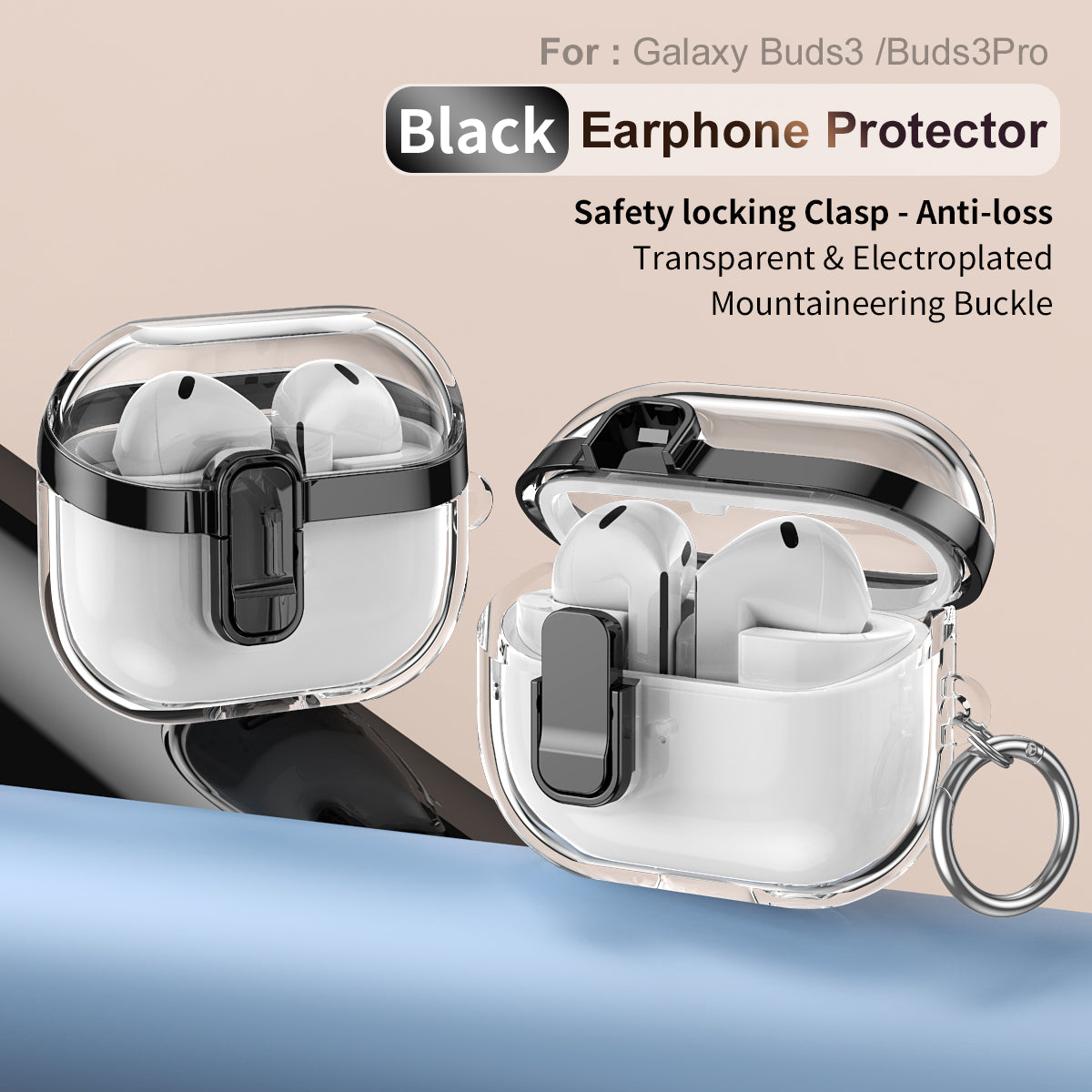 Samsung Galaxy Buds3 / Buds3Pro Clear Lock TPU Protective Case with Metal Key Ring - Black