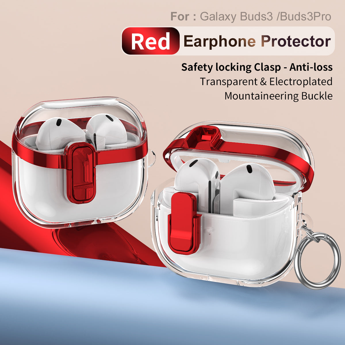 Samsung Galaxy Buds3 / Buds3Pro Clear Lock TPU Protective Case with Metal Key Ring - Red