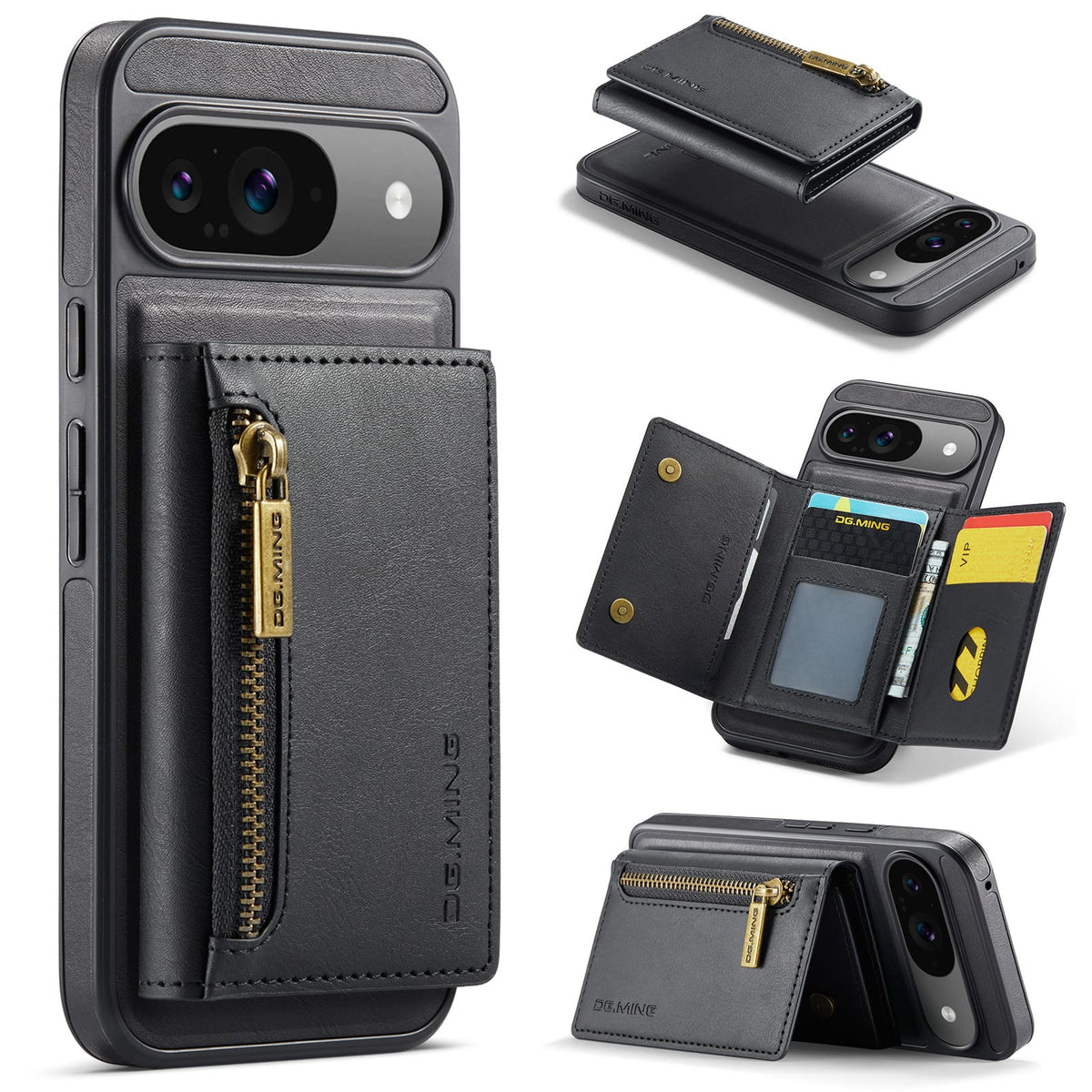 DG.MING Magnetic Wallet Case with Zipper Pocket for Pixel 10 [Black]