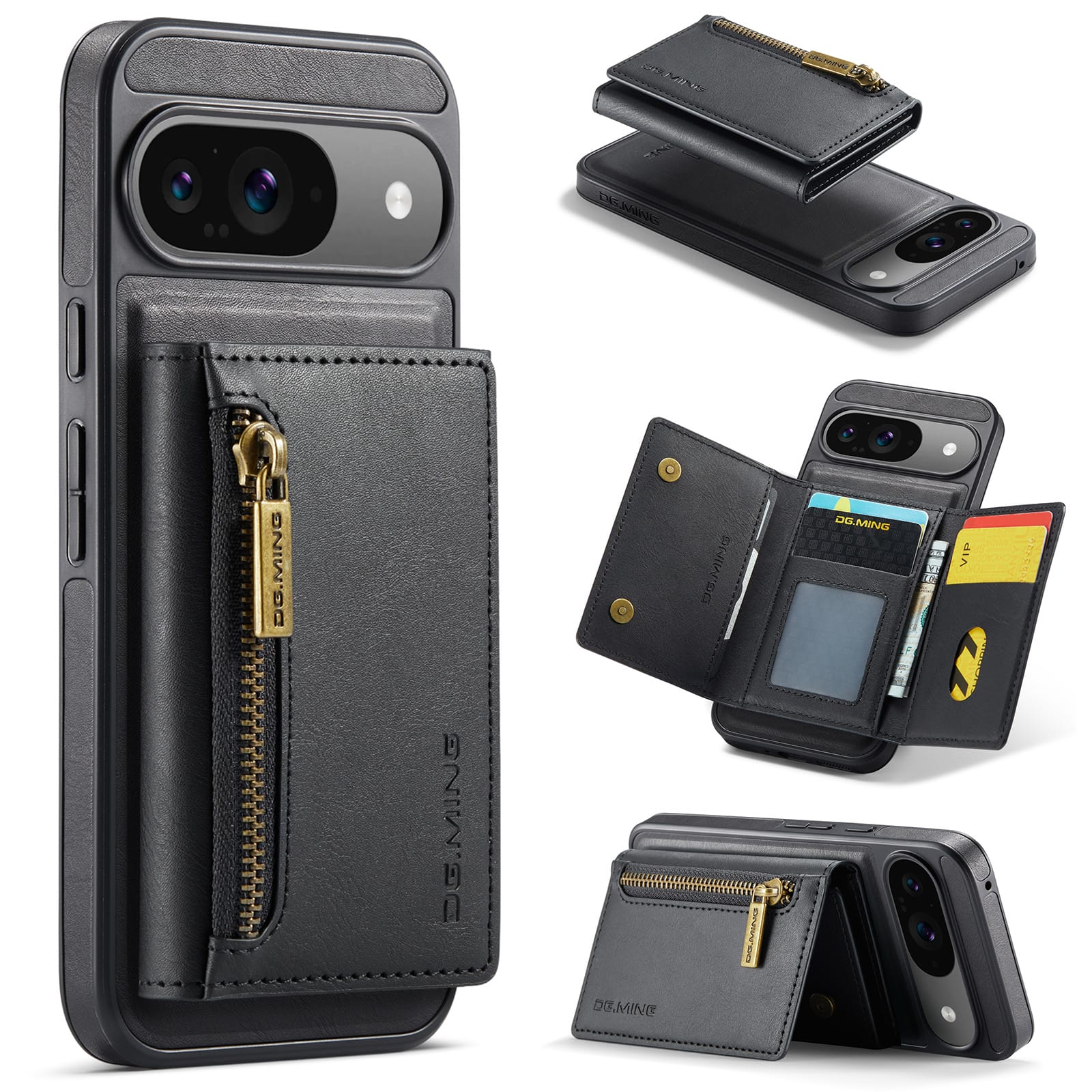 DG.MING Magnetic Wallet Case with Zipper Pocket for Pixel 10 Pro [Black]