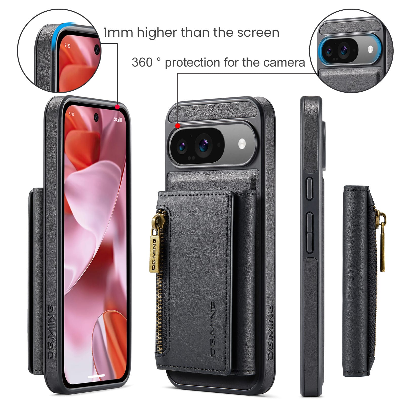 DG.MING Magnetic Wallet Case with Zipper Pocket for Pixel 10 [Black]